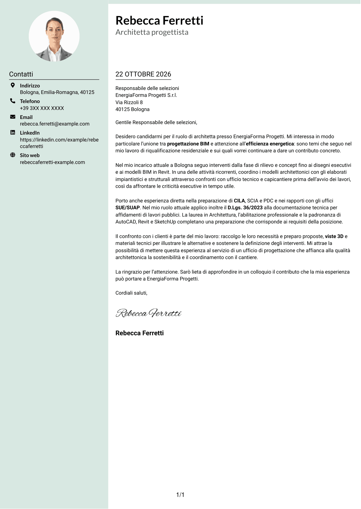 Lettera di presentazione Dirigente (formato con colonna laterale tenue e foto arrotondata): Architetto - Progettazione BIM sostenibile, pagina 1