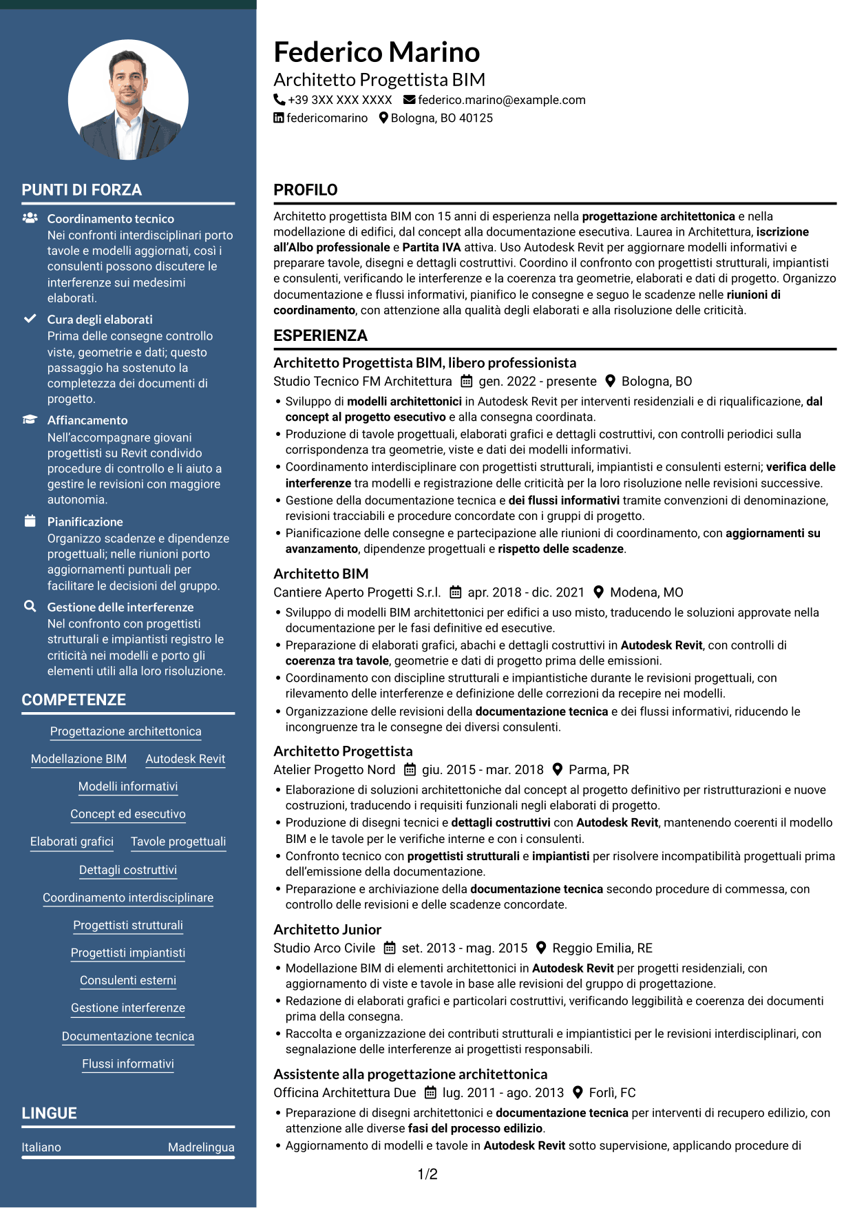 CV Elegante (formato con colonna laterale colorata e foto): Architetto Progettista BIM, pagina 1