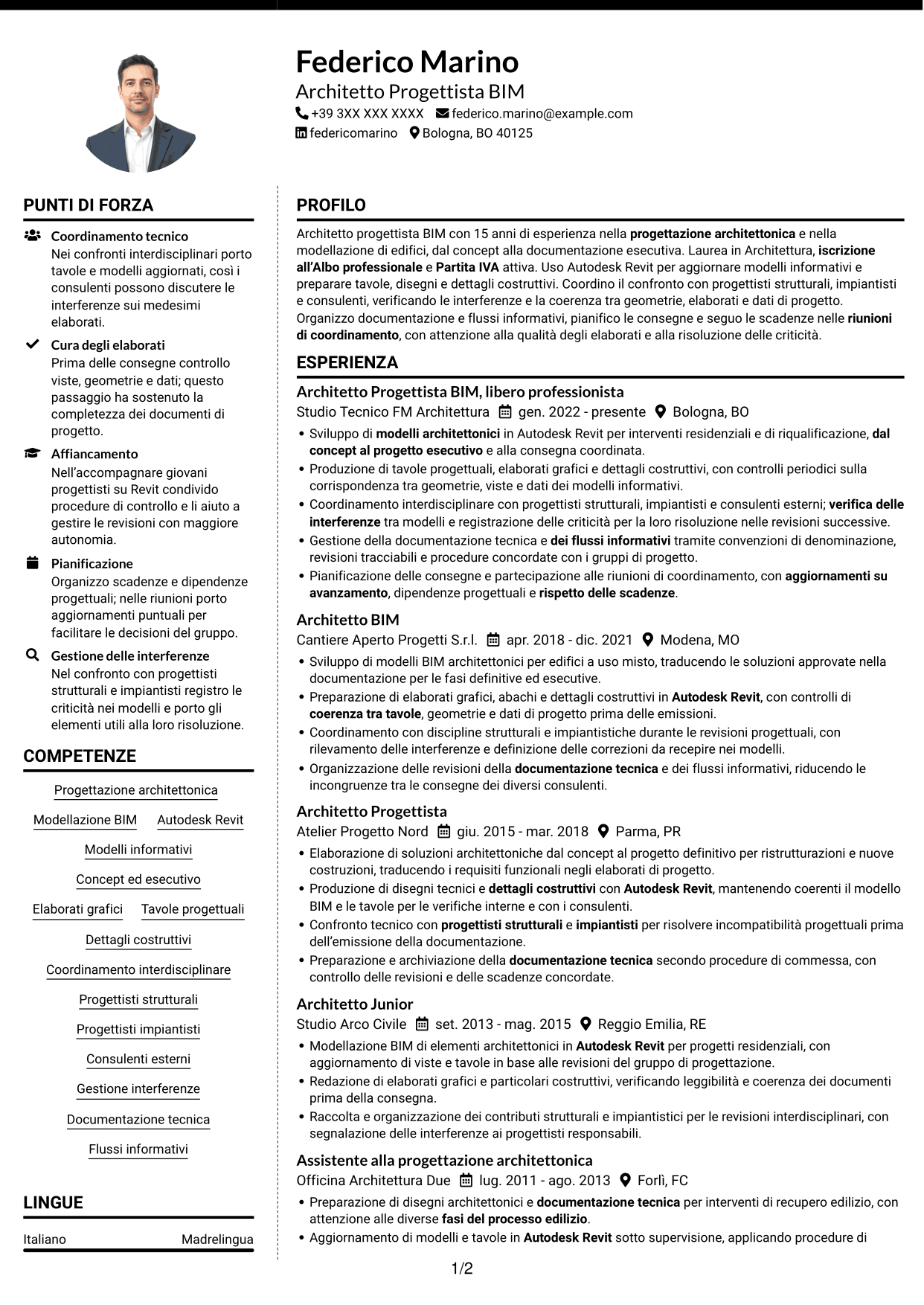CV Moderno (formato a due colonne con foto a sinistra e separatore): Architetto Progettista BIM, pagina 1