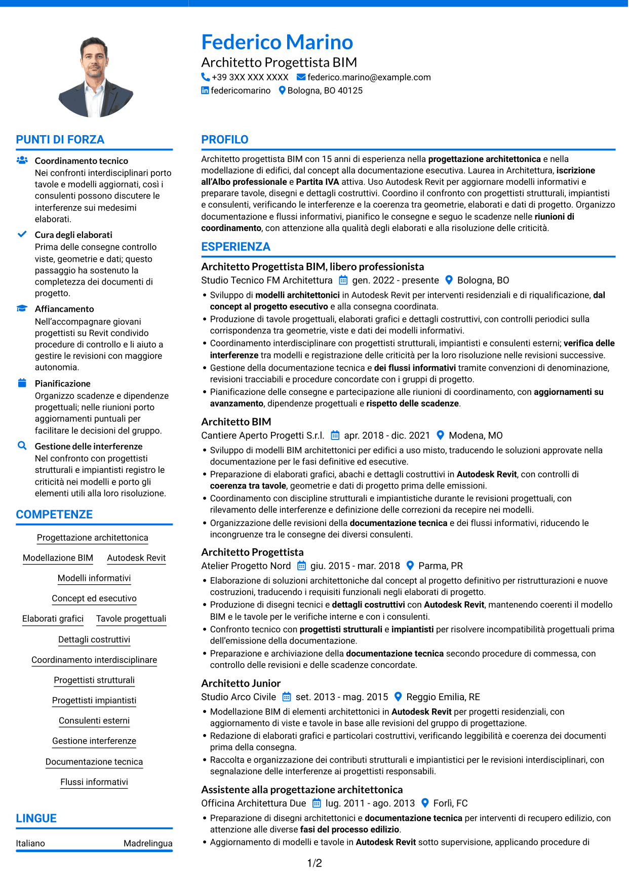 CV Audace (formato a due colonne con accenti colorati e foto): Architetto Progettista BIM, pagina 1