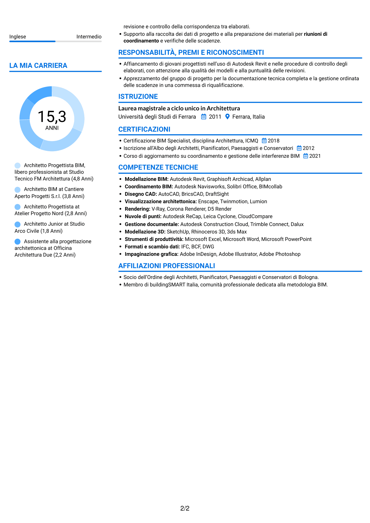 CV Audace (formato a due colonne con accenti colorati e foto): Architetto Progettista BIM, pagina 2