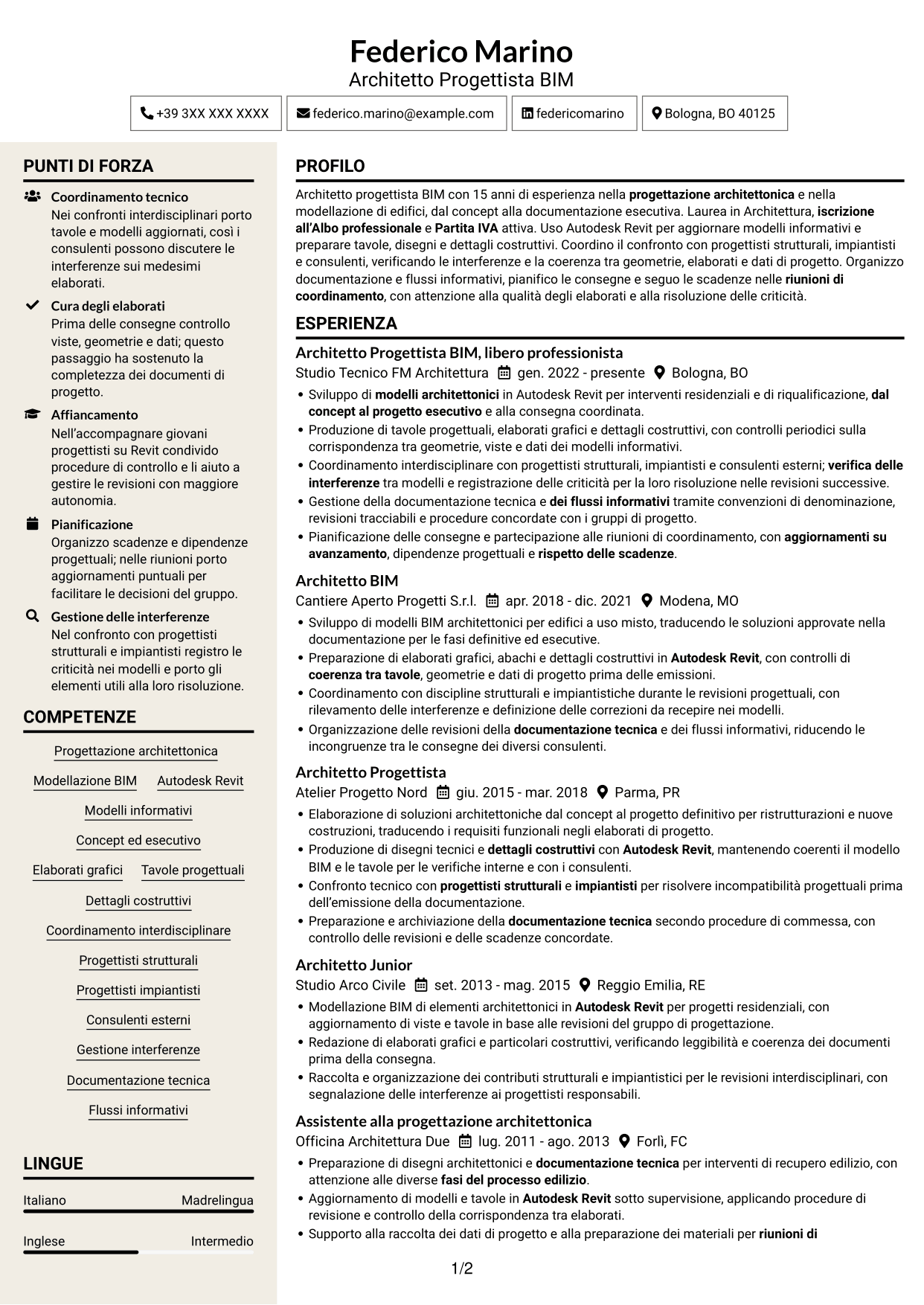 CV Intraprendente (formato a due colonne con intestazione centrata senza foto): Architetto Progettista BIM, pagina 1