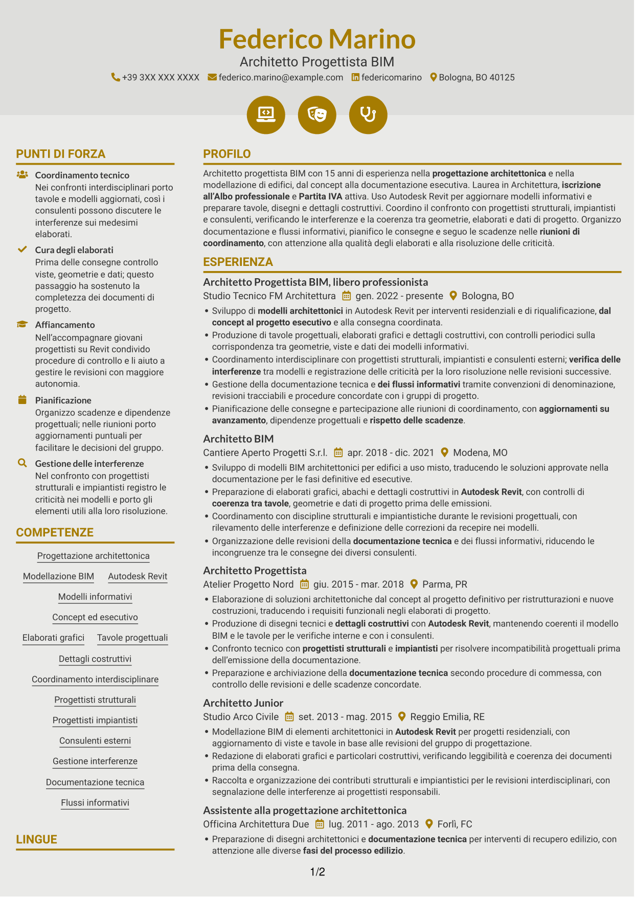 CV Dinamico (formato a due colonne con icone): Architetto Progettista BIM, pagina 1