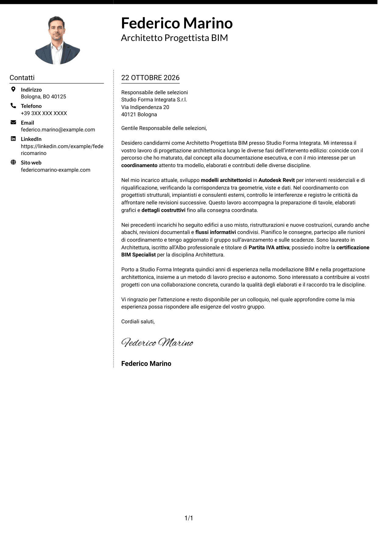 Lettera di presentazione Moderno (formato a due colonne con foto a sinistra e separatore): Architetto Progettista BIM, pagina 1
