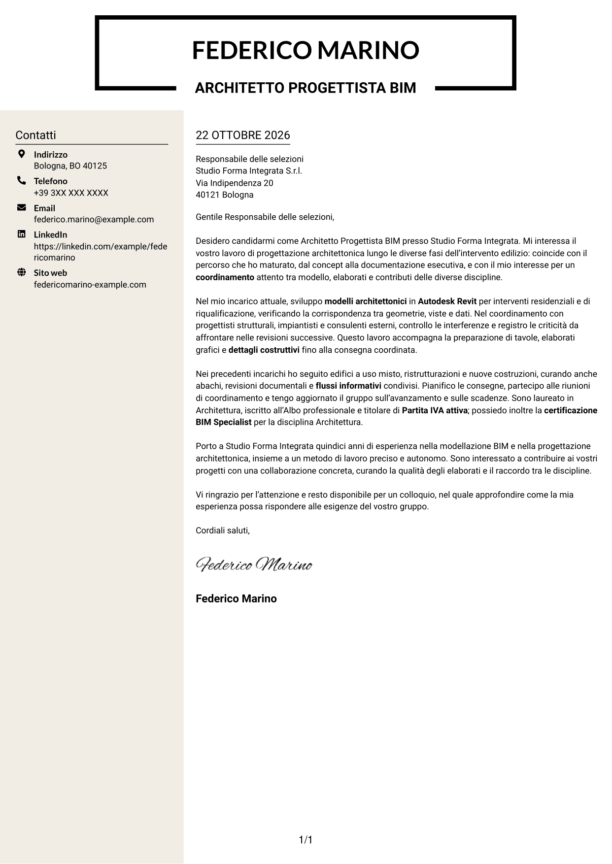 Lettera di presentazione Intraprendente (formato a due colonne con intestazione centrata senza foto): Architetto Progettista BIM, pagina 1