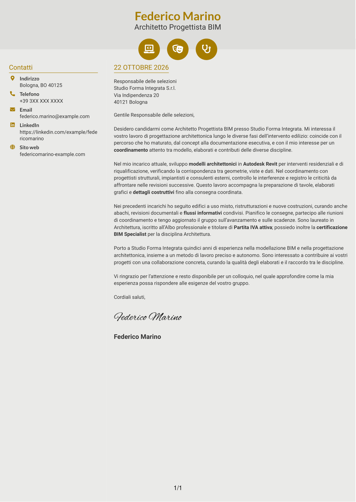 Lettera di presentazione Dinamico (formato a due colonne con icone): Architetto Progettista BIM, pagina 1