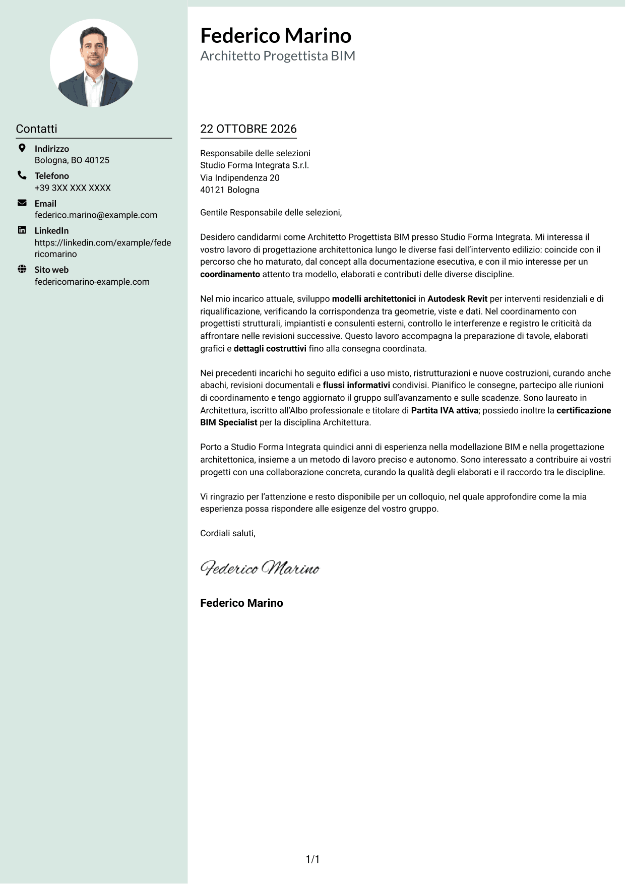 Lettera di presentazione Dirigente (formato con colonna laterale tenue e foto arrotondata): Architetto Progettista BIM, pagina 1