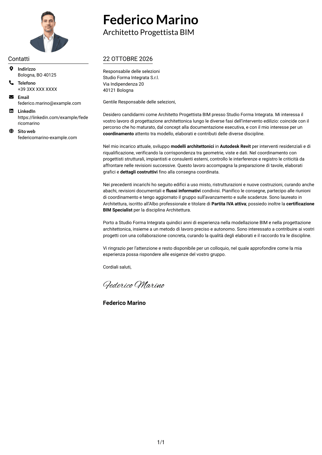 Esempio di lettera di presentazione — pagina 1