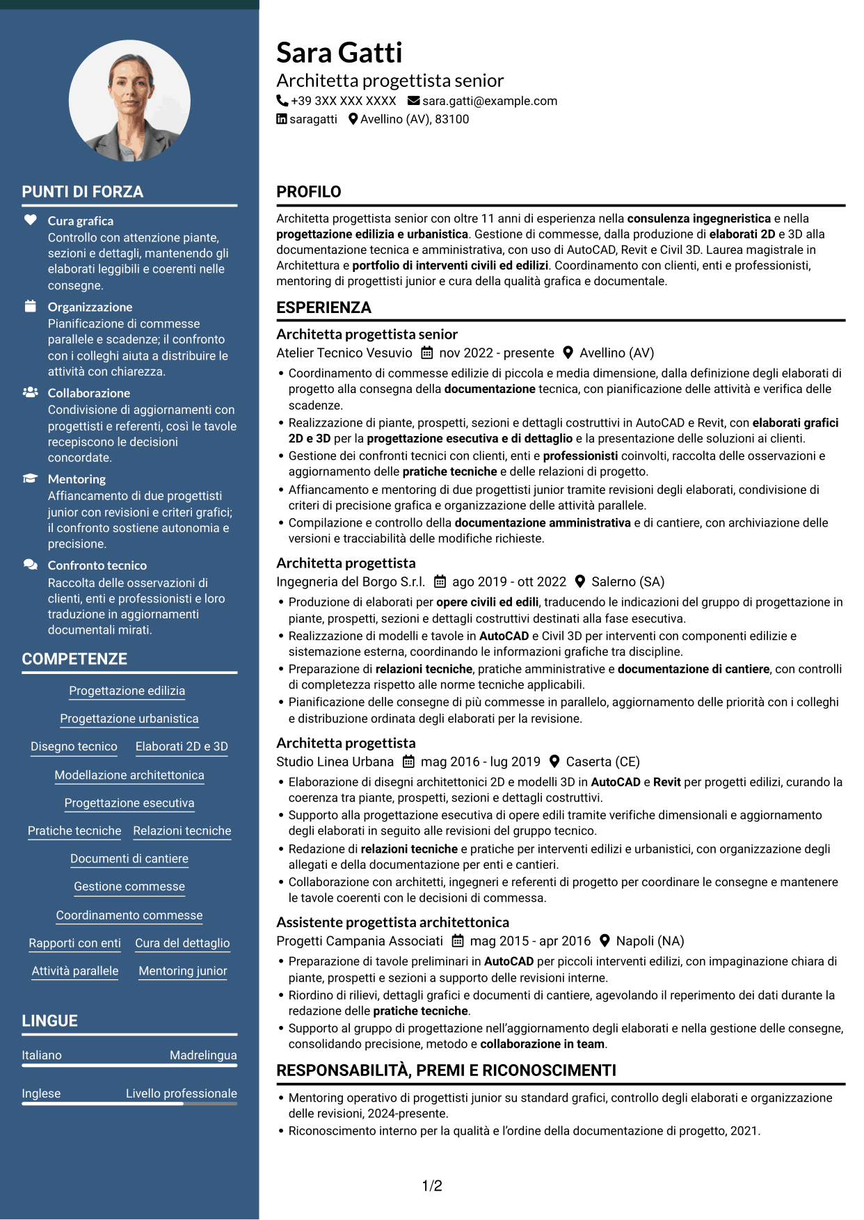 CV Elegante (formato con colonna laterale colorata e foto): Architetto progettista - Progettazione edilizia e urbanistica, pagina 1