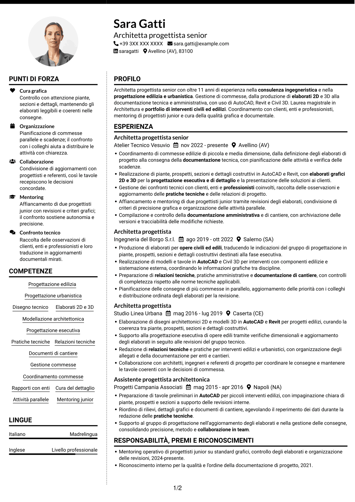 CV Moderno (formato a due colonne con foto a sinistra e separatore): Architetto progettista - Progettazione edilizia e urbanistica, pagina 1