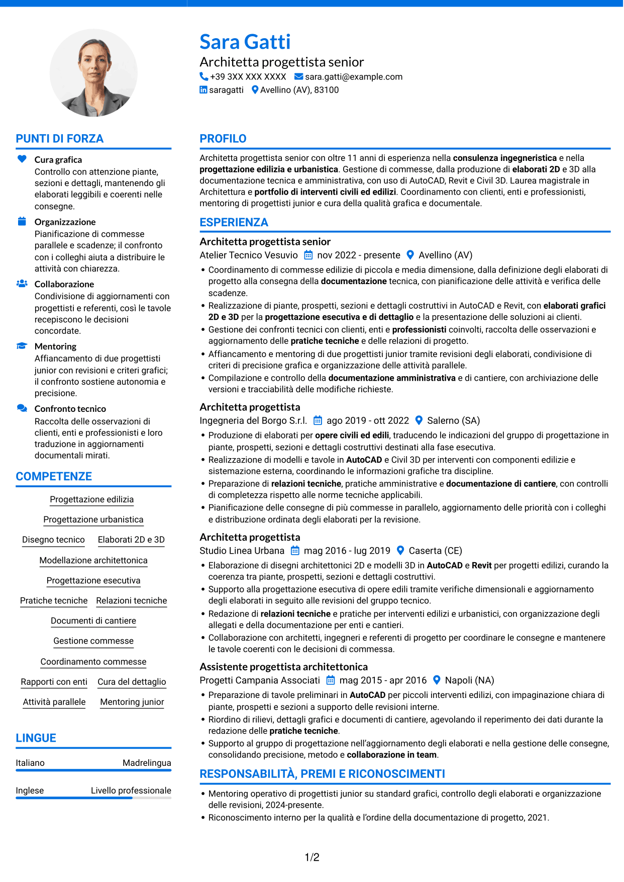 CV Audace (formato a due colonne con accenti colorati e foto): Architetto progettista - Progettazione edilizia e urbanistica, pagina 1