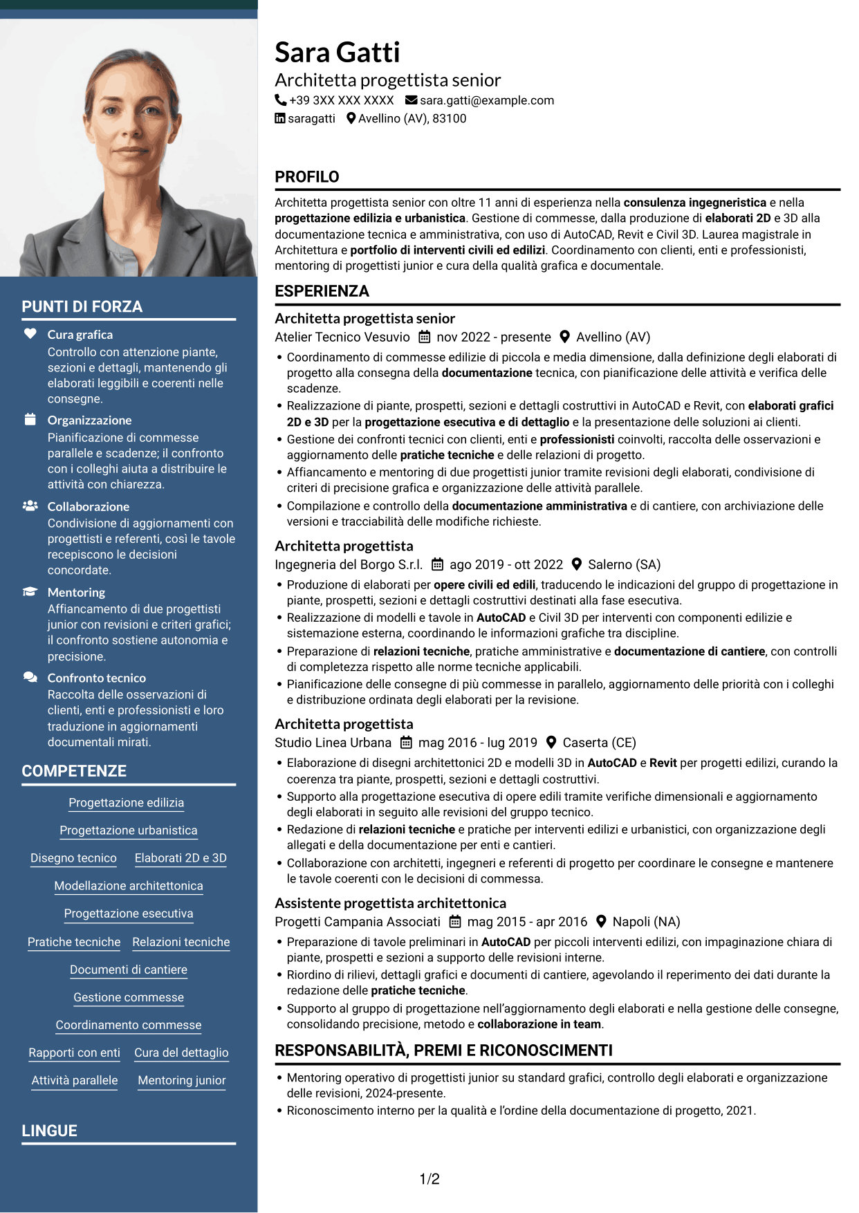 CV Signature (formato con colonna laterale colorata e foto grande): Architetto progettista - Progettazione edilizia e urbanistica, pagina 1