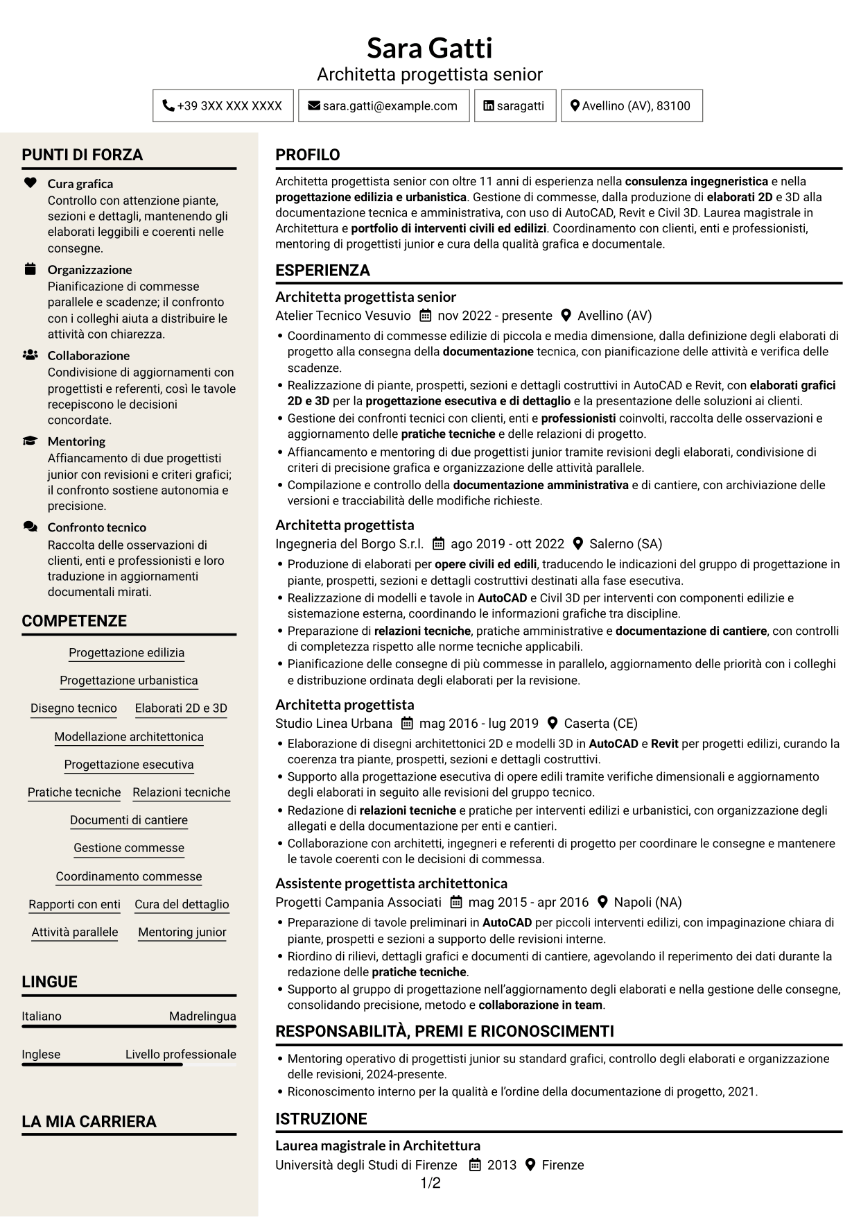 CV Intraprendente (formato a due colonne con intestazione centrata senza foto): Architetto progettista - Progettazione edilizia e urbanistica, pagina 1