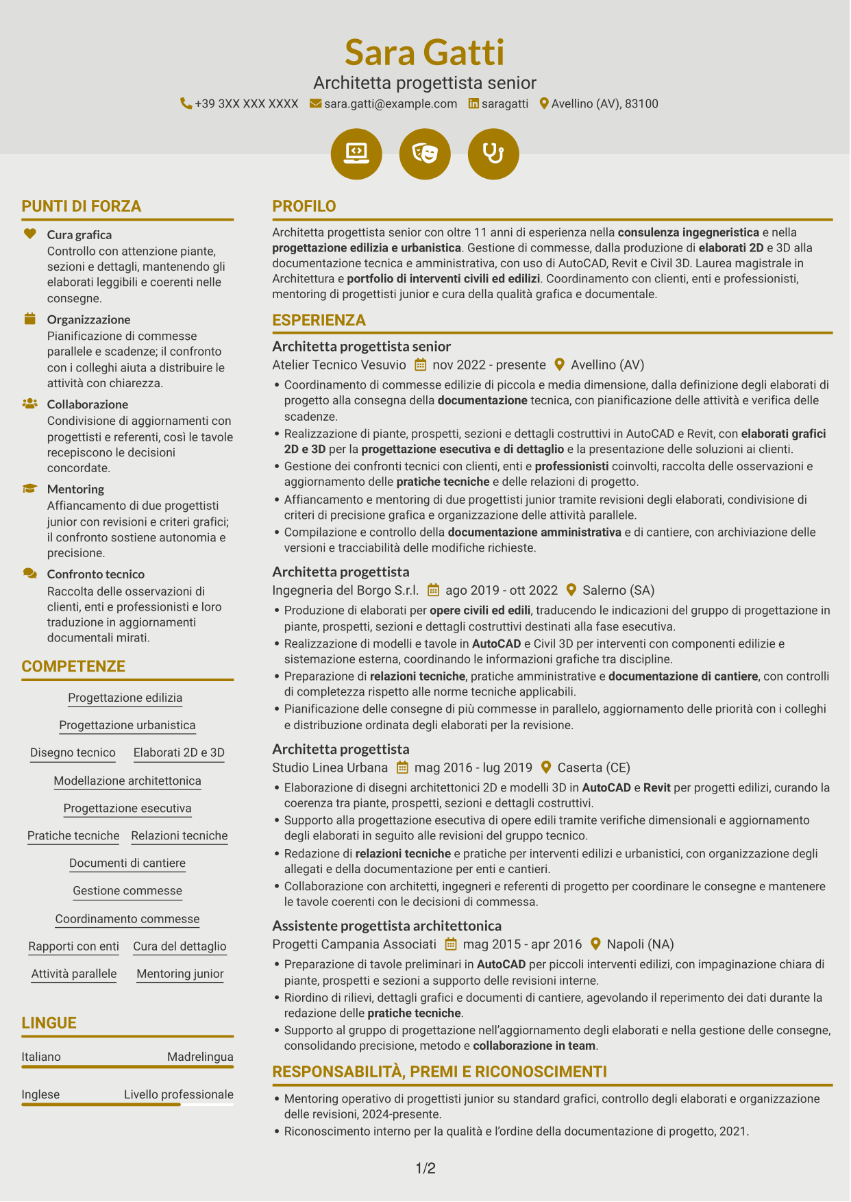 CV Dinamico (formato a due colonne con icone): Architetto progettista - Progettazione edilizia e urbanistica, pagina 1