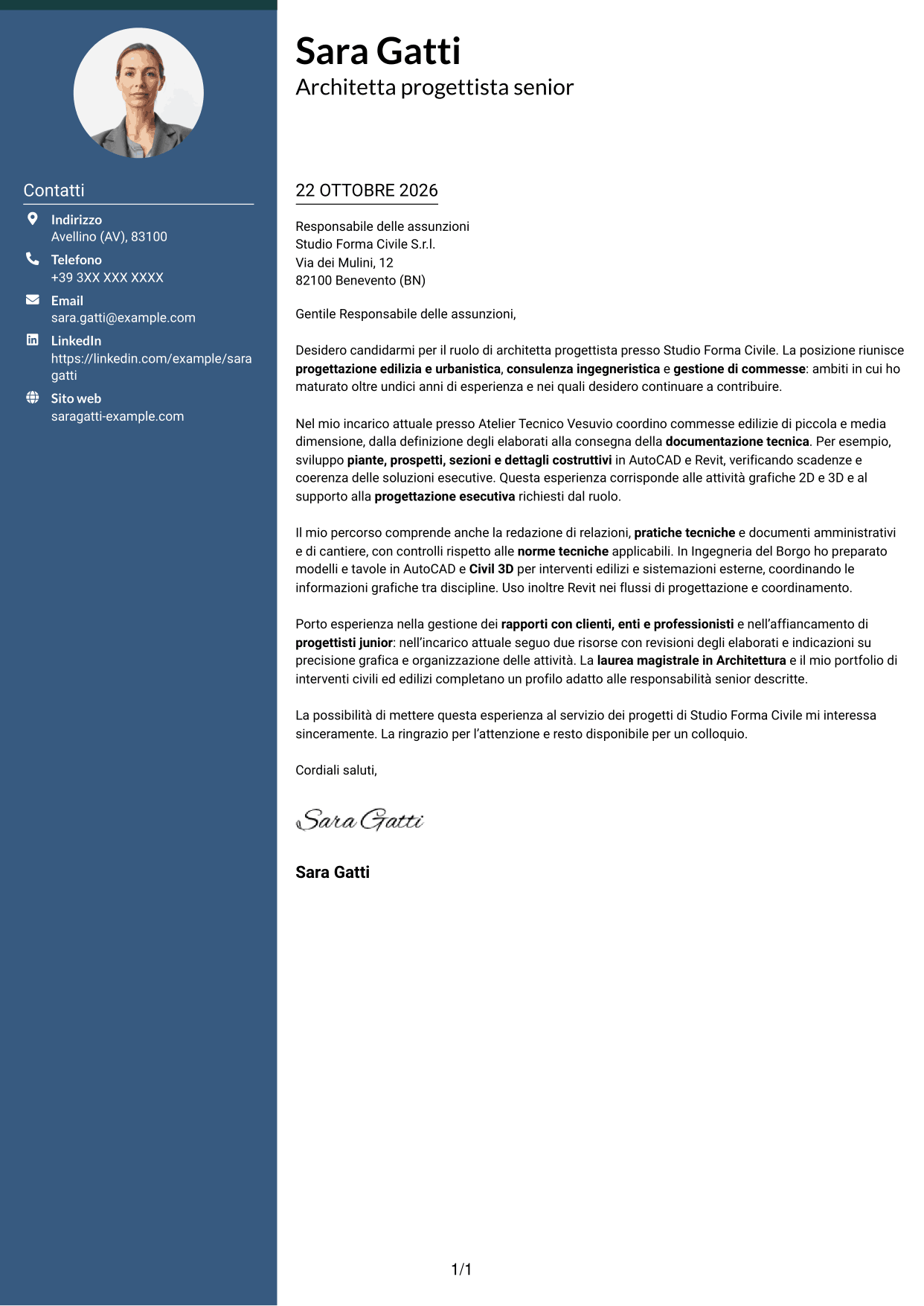 Lettera di presentazione Elegante (formato con colonna laterale colorata e foto): Architetto progettista - Progettazione edilizia e urbanistica, pagina 1