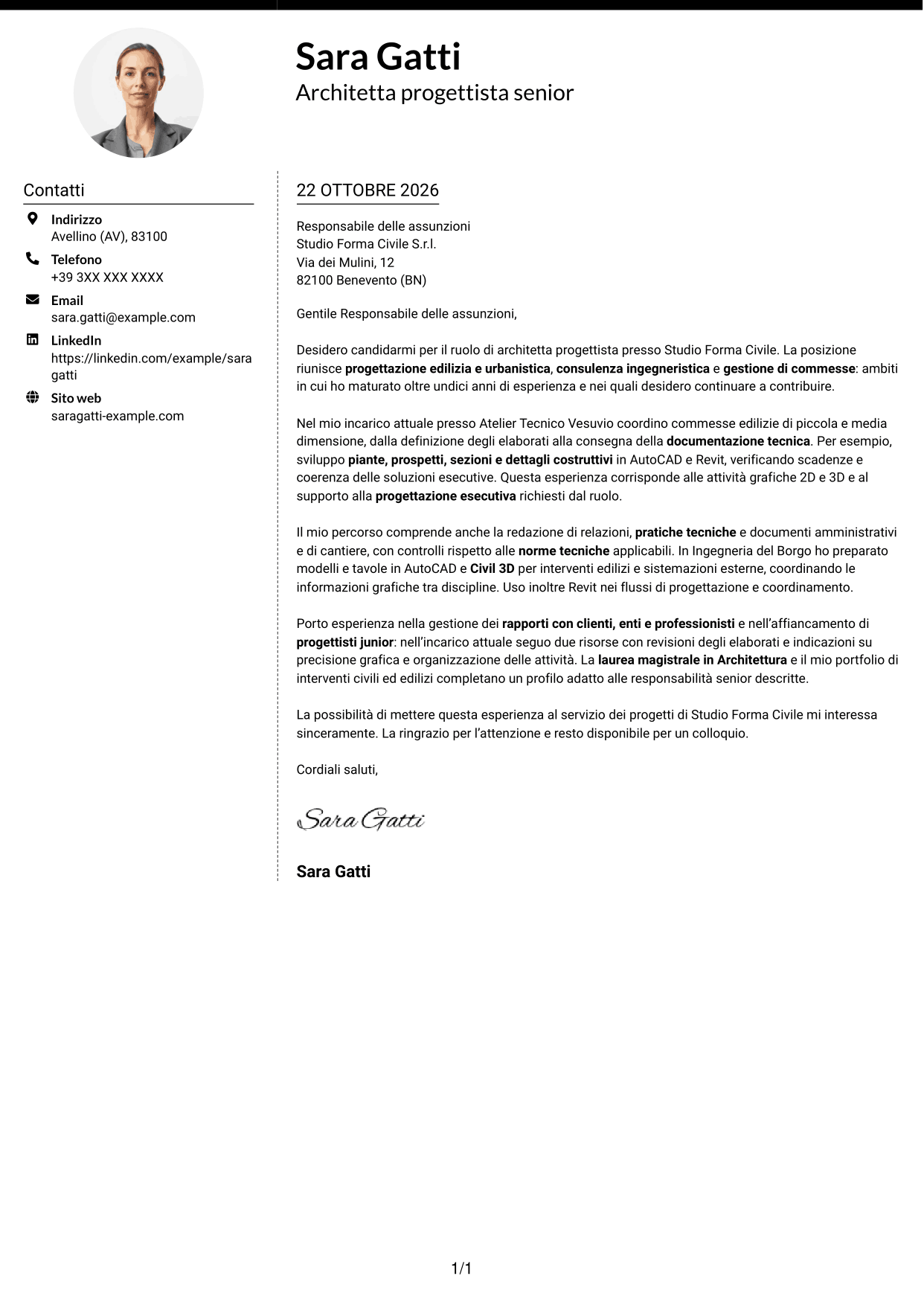 Lettera di presentazione Moderno (formato a due colonne con foto a sinistra e separatore): Architetto progettista - Progettazione edilizia e urbanistica, pagina 1