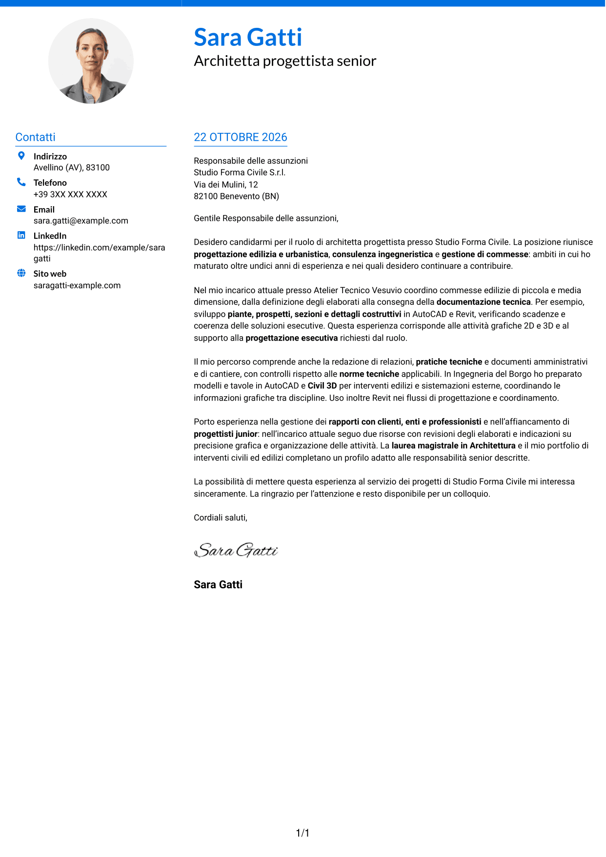 Lettera di presentazione Audace (formato a due colonne con accenti colorati e foto): Architetto progettista - Progettazione edilizia e urbanistica, pagina 1