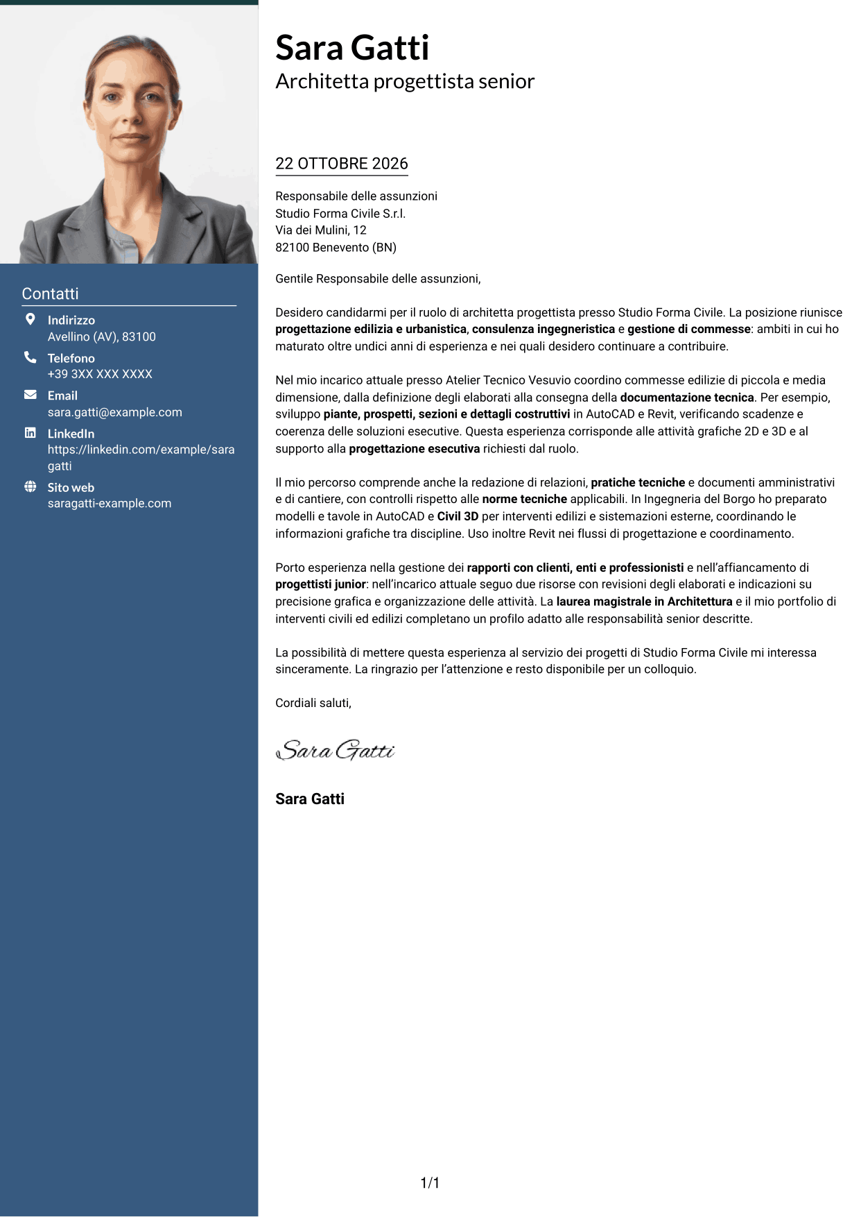 Lettera di presentazione Signature (formato con colonna laterale colorata e foto grande): Architetto progettista - Progettazione edilizia e urbanistica, pagina 1