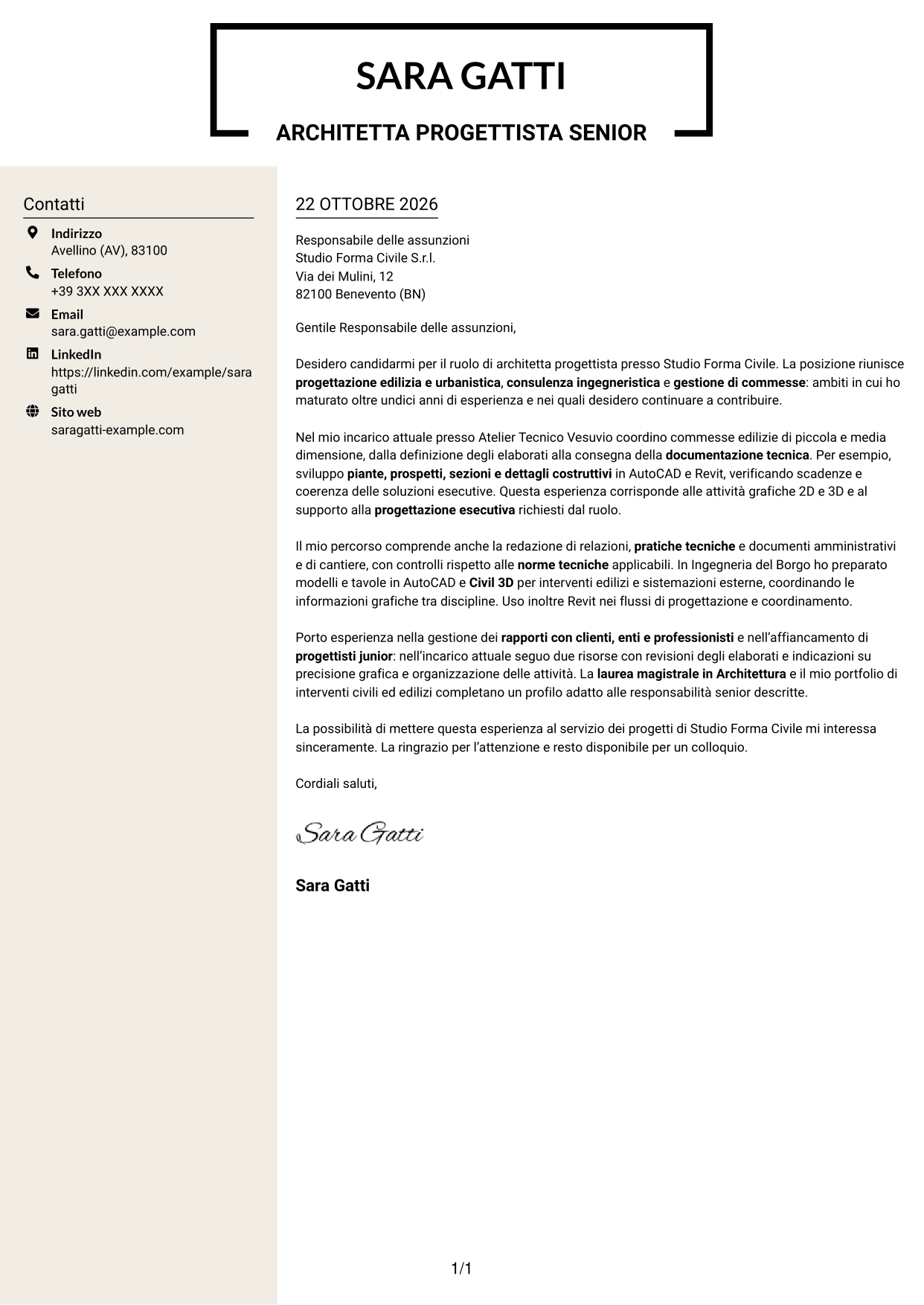 Lettera di presentazione Intraprendente (formato a due colonne con intestazione centrata senza foto): Architetto progettista - Progettazione edilizia e urbanistica, pagina 1