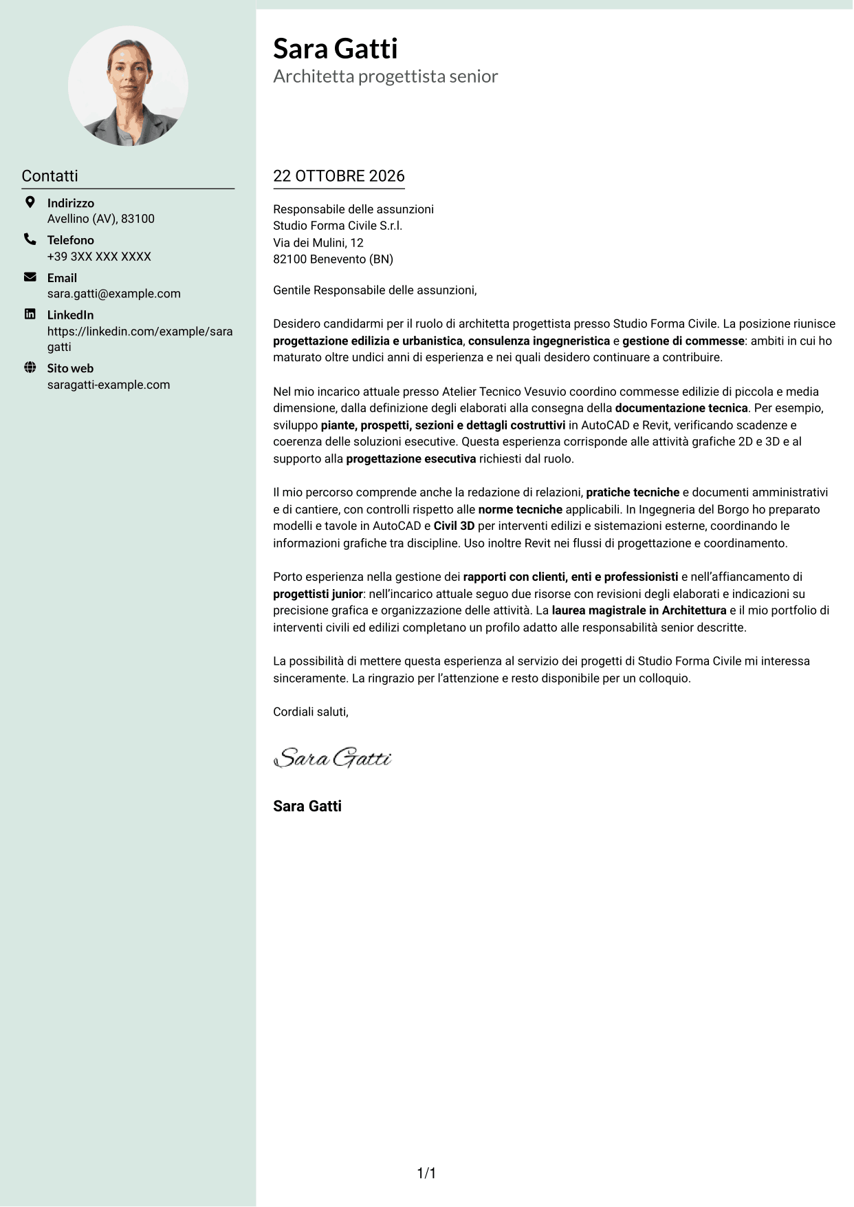 Lettera di presentazione Dirigente (formato con colonna laterale tenue e foto arrotondata): Architetto progettista - Progettazione edilizia e urbanistica, pagina 1