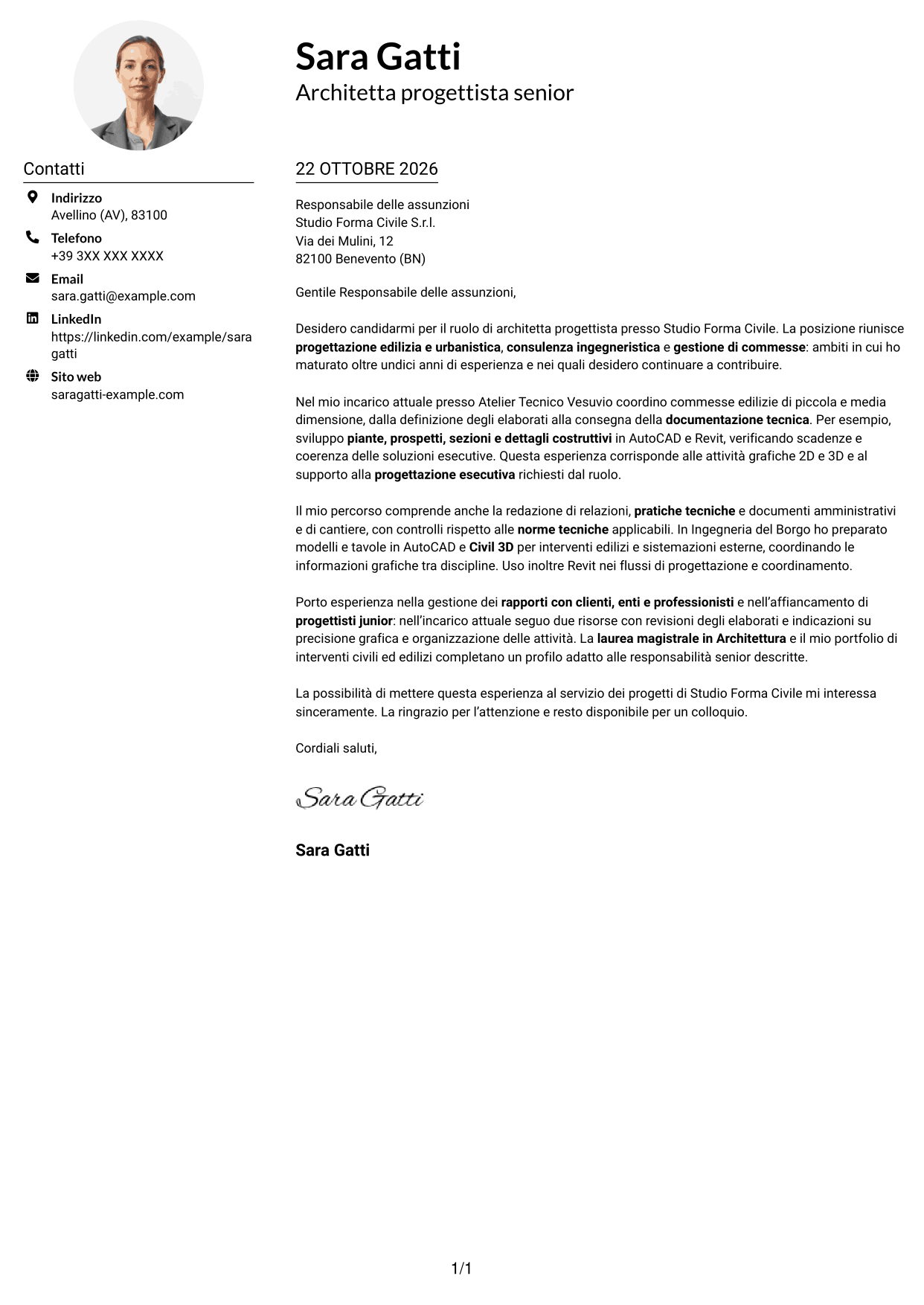 Esempio di lettera di presentazione — pagina 1