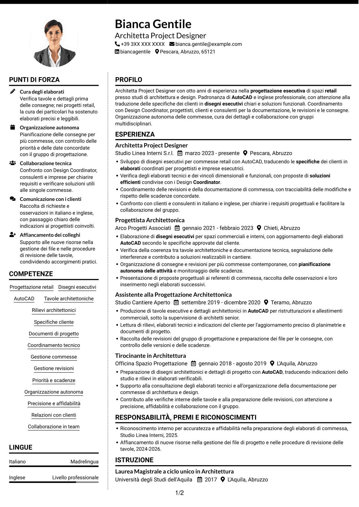 CV Moderno (formato a due colonne con foto a sinistra e separatore): Architetto Project Designer - Progettazione Retail, pagina 1