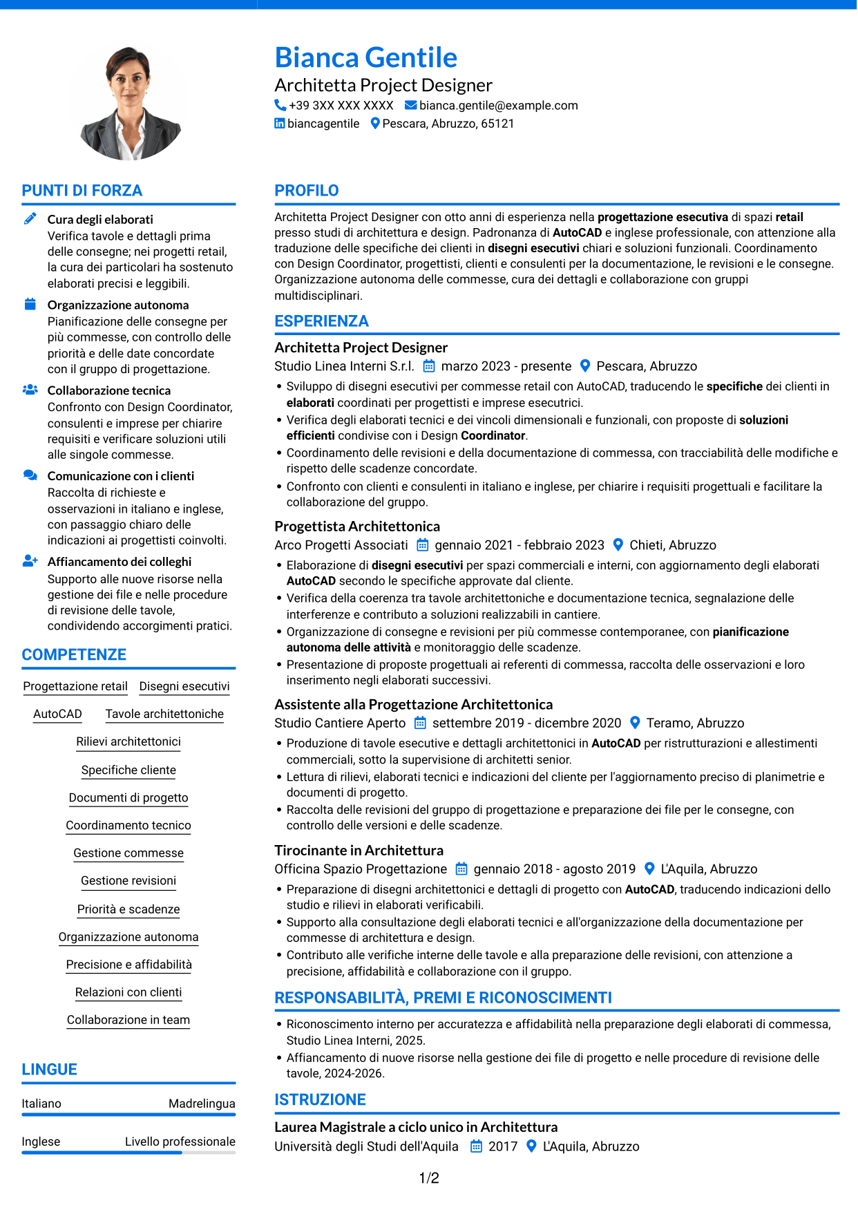 CV Audace (formato a due colonne con accenti colorati e foto): Architetto Project Designer - Progettazione Retail, pagina 1