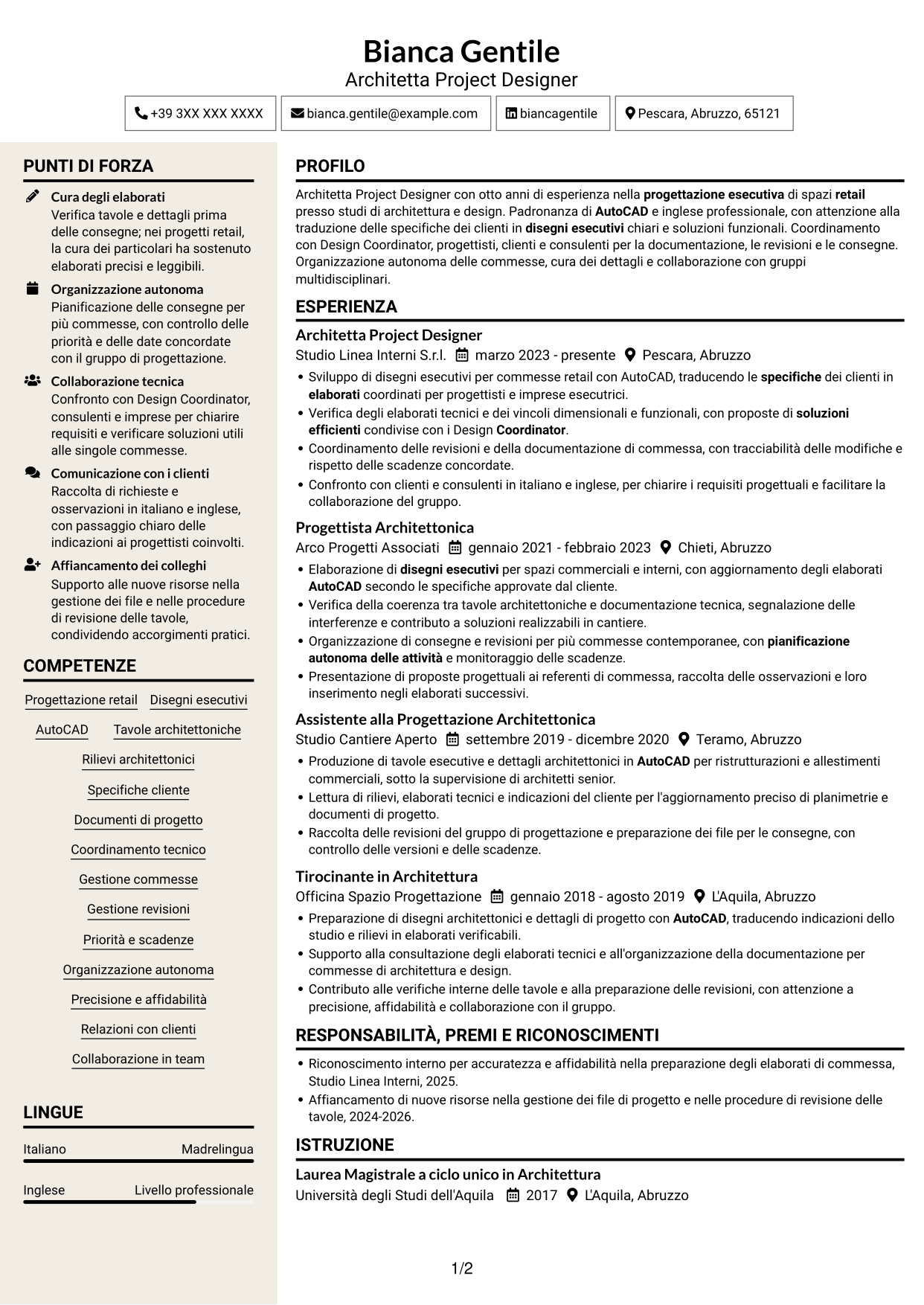 CV Intraprendente (formato a due colonne con intestazione centrata senza foto): Architetto Project Designer - Progettazione Retail, pagina 1