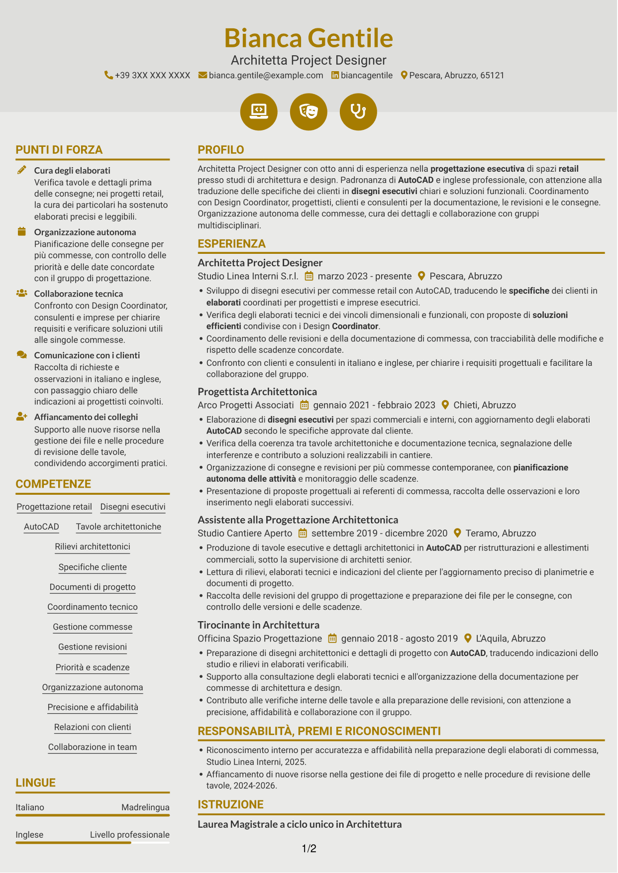 CV Dinamico (formato a due colonne con icone): Architetto Project Designer - Progettazione Retail, pagina 1