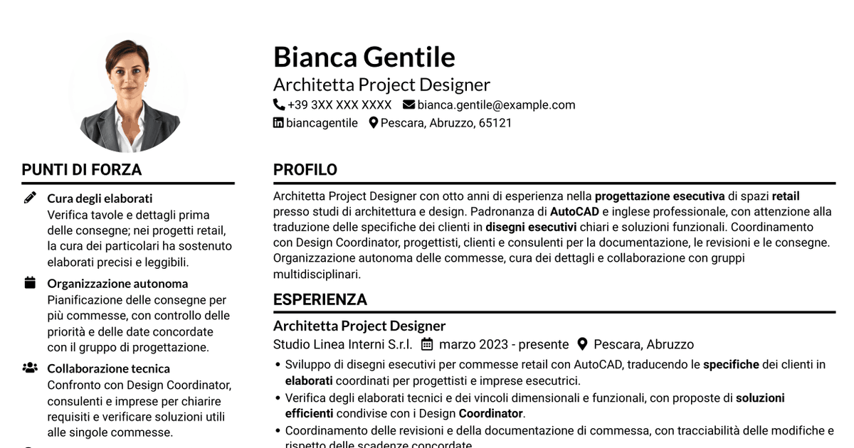 7 modelli di CV per Architetto Project Designer - Progettazione Retail, con esempi
