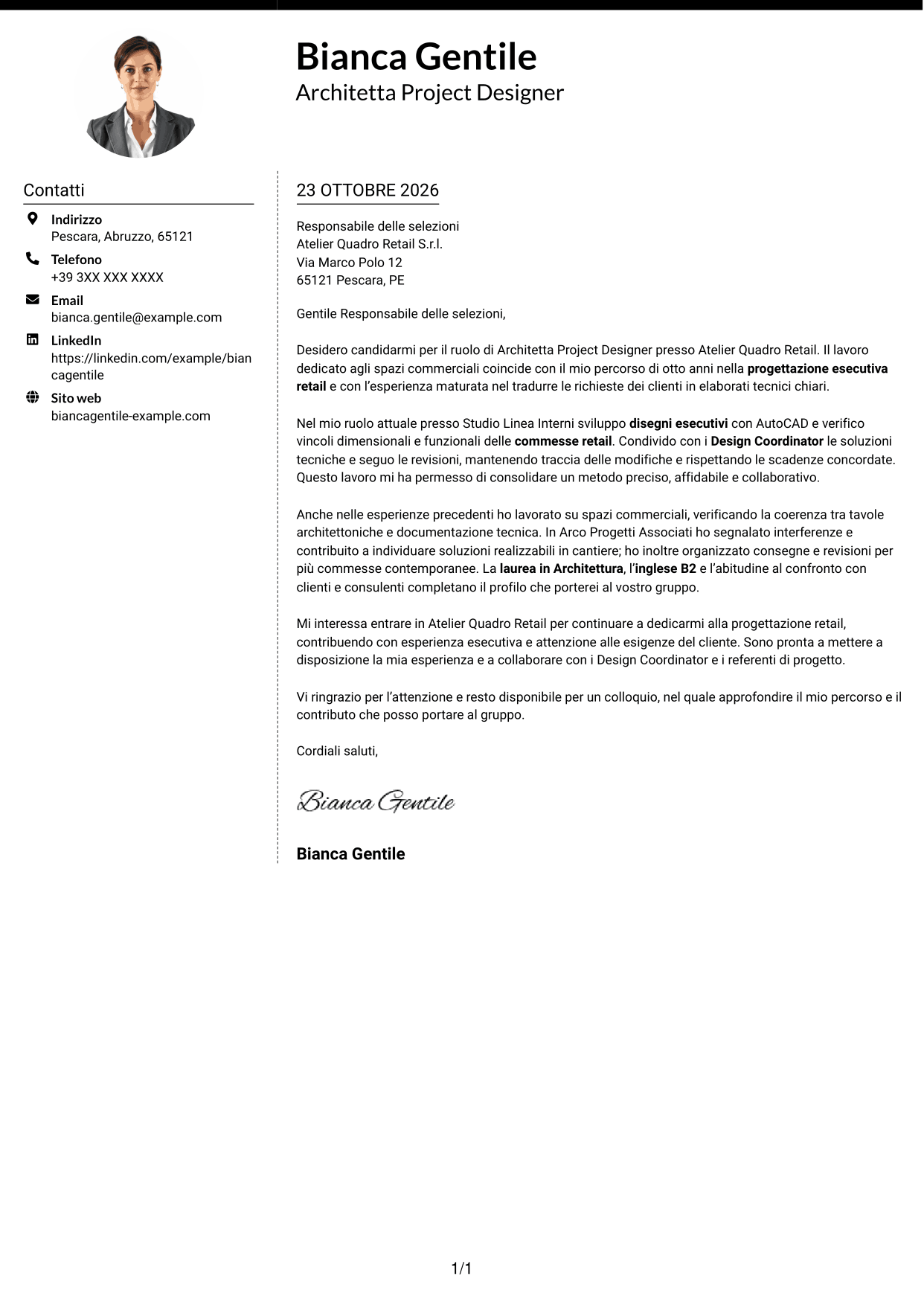 Lettera di presentazione Moderno (formato a due colonne con foto a sinistra e separatore): Architetto Project Designer - Progettazione Retail, pagina 1