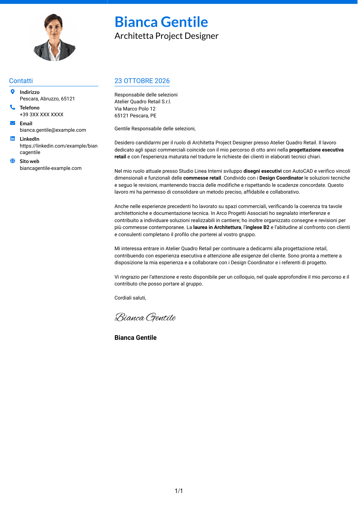 Lettera di presentazione Audace (formato a due colonne con accenti colorati e foto): Architetto Project Designer - Progettazione Retail, pagina 1