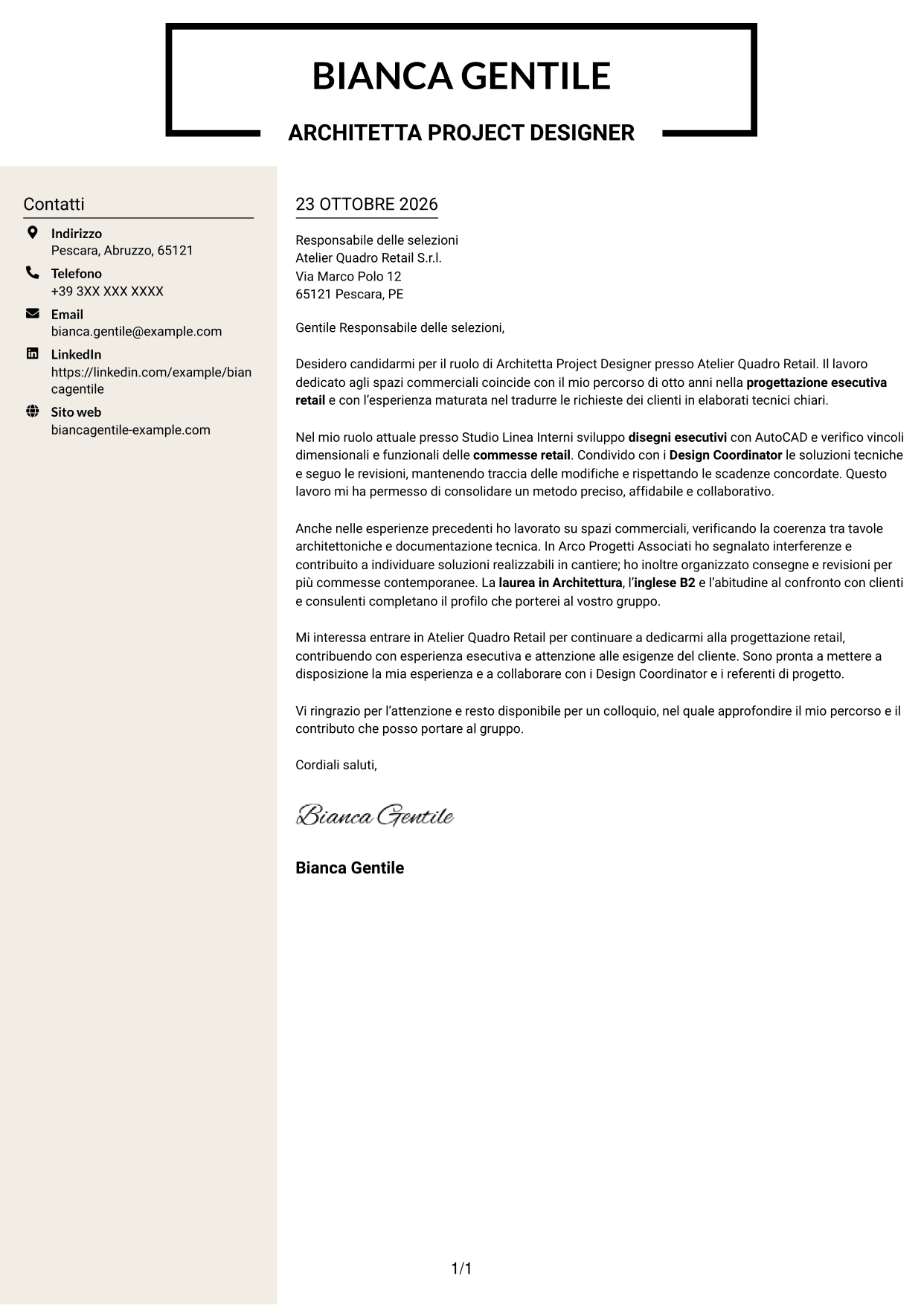 Lettera di presentazione Intraprendente (formato a due colonne con intestazione centrata senza foto): Architetto Project Designer - Progettazione Retail, pagina 1