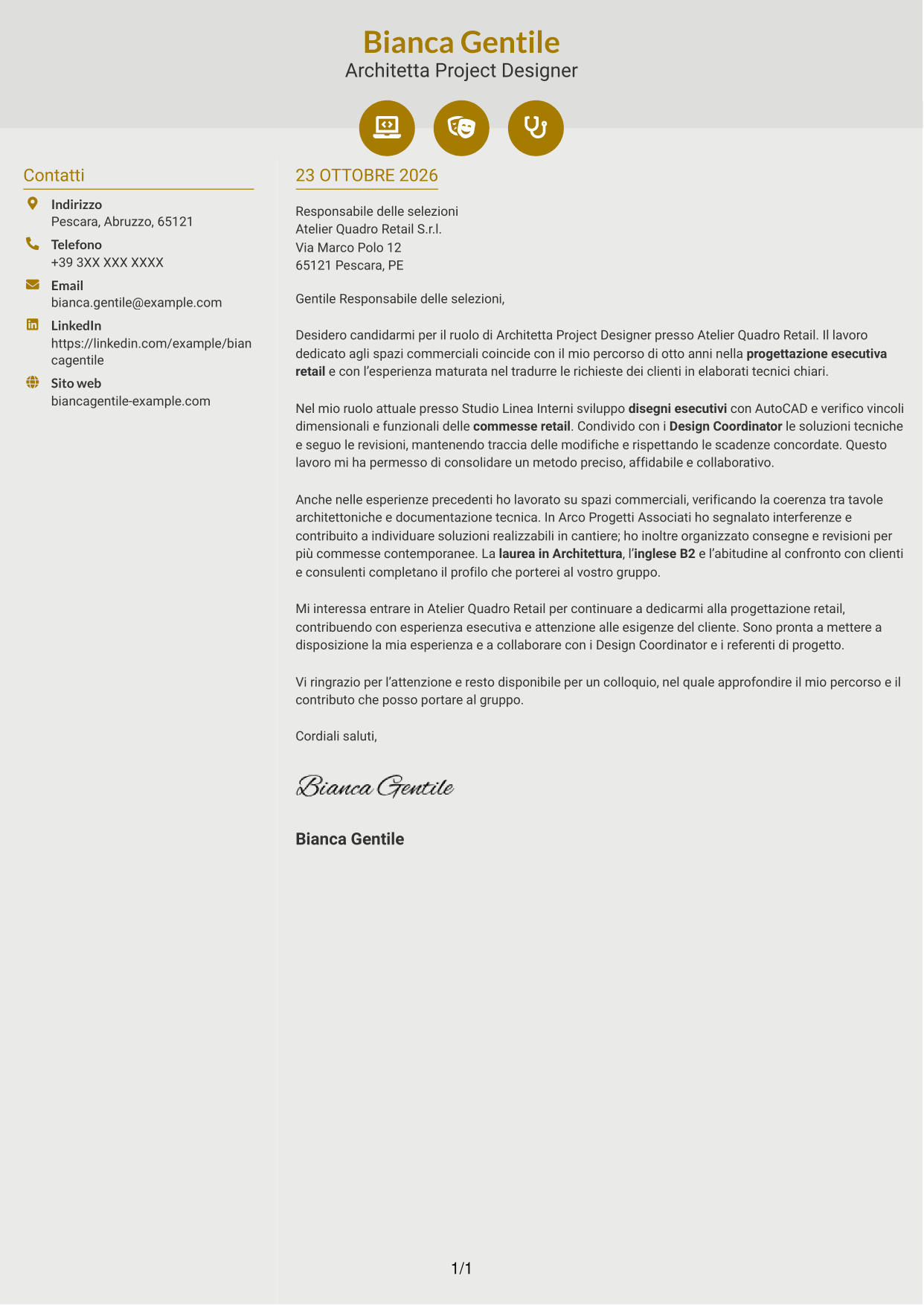 Lettera di presentazione Dinamico (formato a due colonne con icone): Architetto Project Designer - Progettazione Retail, pagina 1