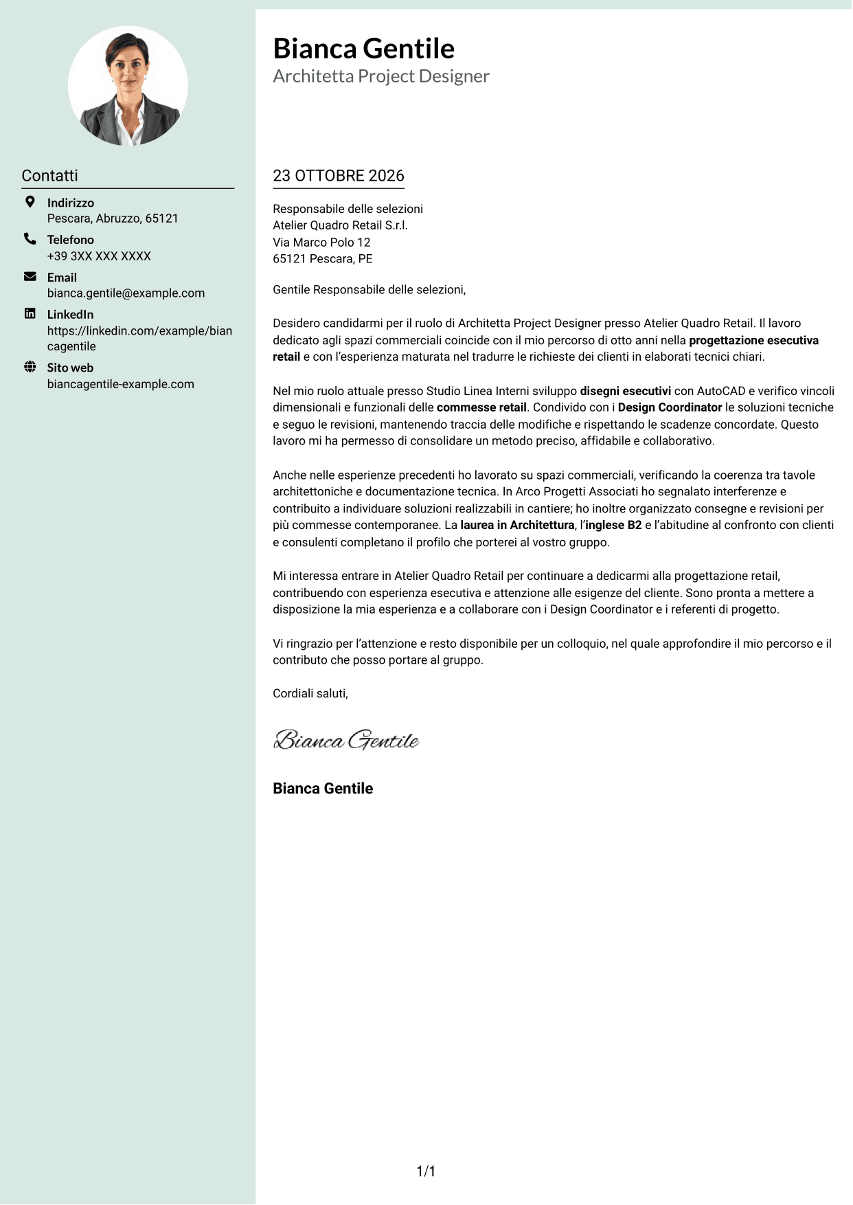 Lettera di presentazione Dirigente (formato con colonna laterale tenue e foto arrotondata): Architetto Project Designer - Progettazione Retail, pagina 1