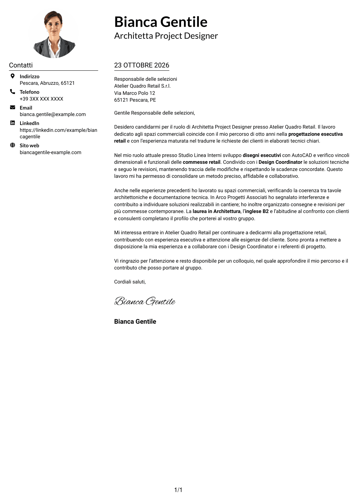 Esempio di lettera di presentazione — pagina 1
