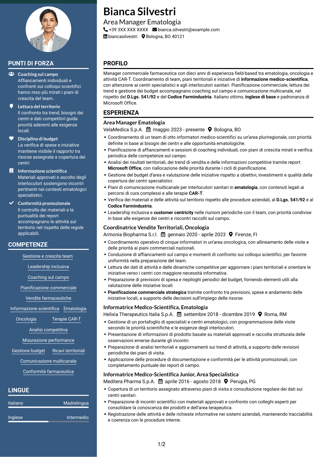 CV Elegante (formato con colonna laterale colorata e foto): Area Manager - Ematologia CAR-T, pagina 1