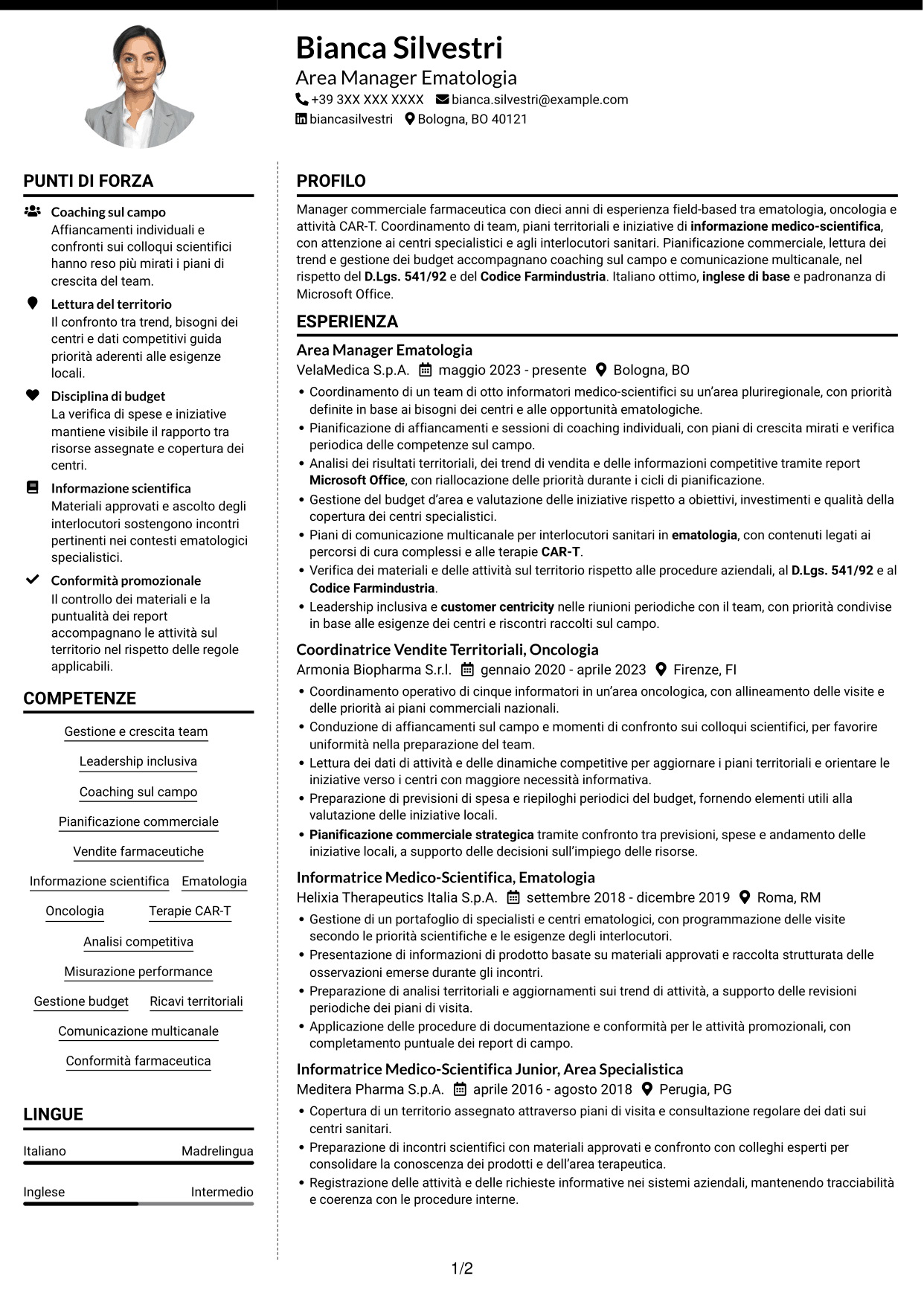 CV Moderno (formato a due colonne con foto a sinistra e separatore): Area Manager - Ematologia CAR-T, pagina 1