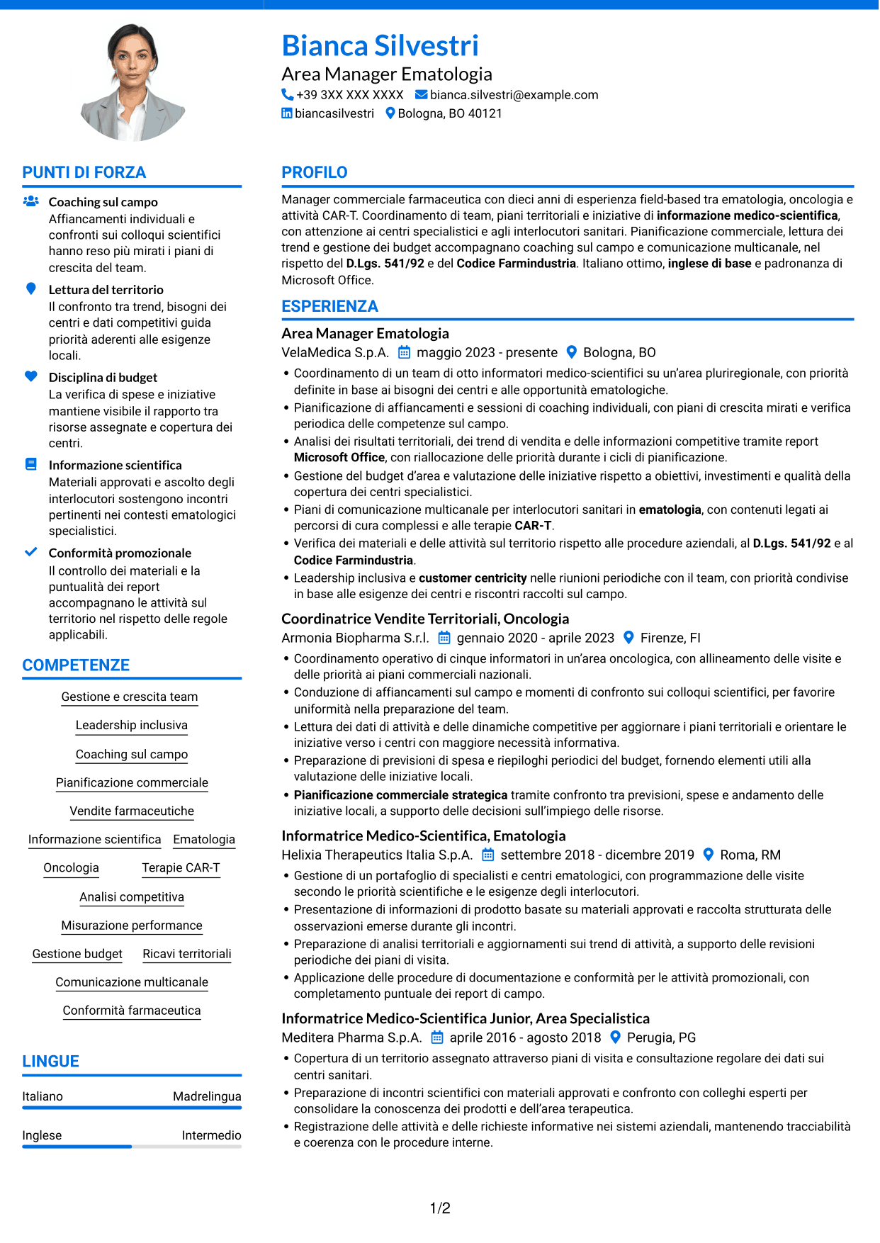 CV Audace (formato a due colonne con accenti colorati e foto): Area Manager - Ematologia CAR-T, pagina 1