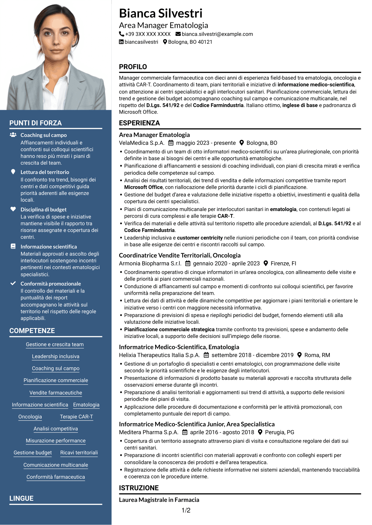 CV Signature (formato con colonna laterale colorata e foto grande): Area Manager - Ematologia CAR-T, pagina 1