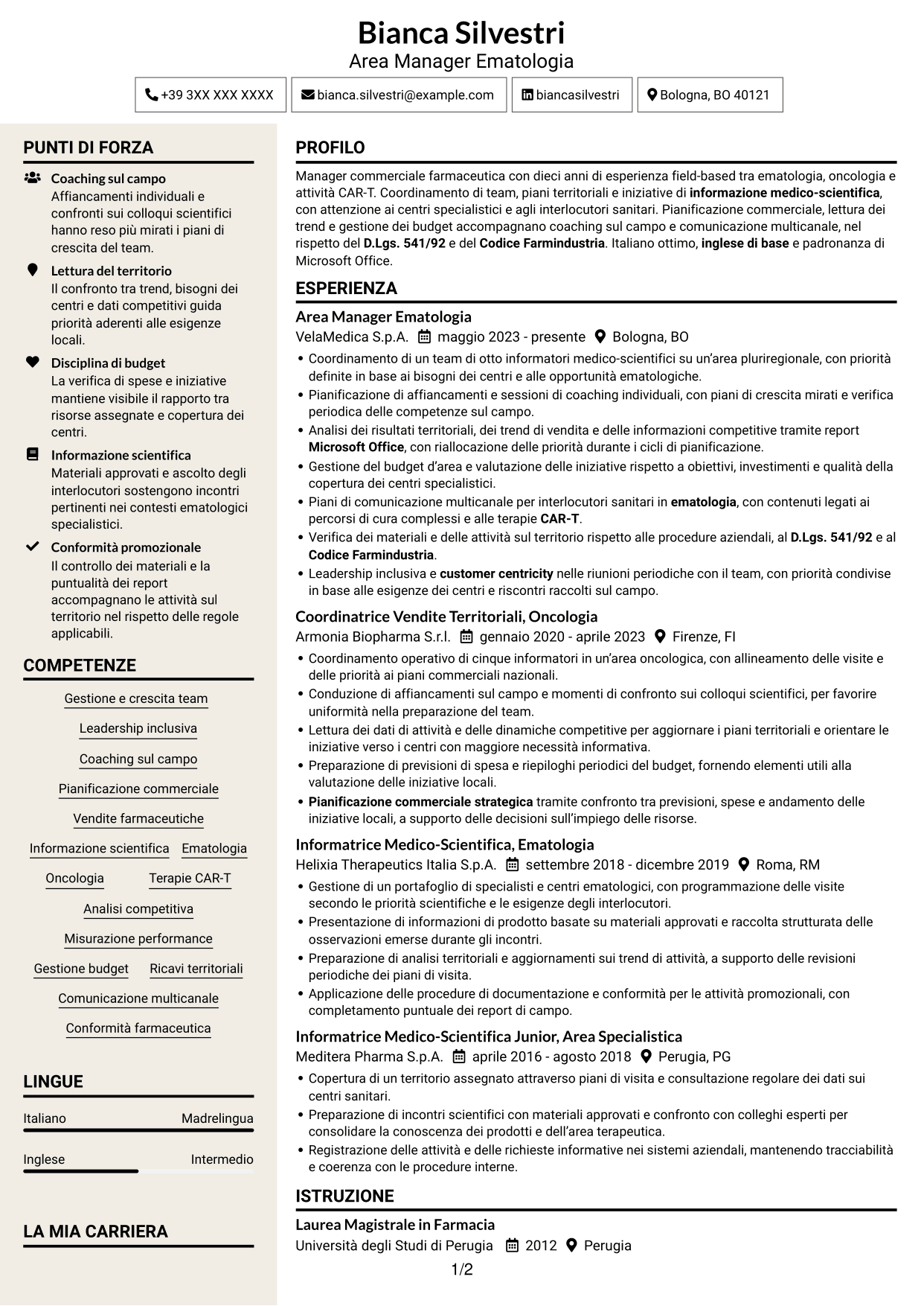 CV Intraprendente (formato a due colonne con intestazione centrata senza foto): Area Manager - Ematologia CAR-T, pagina 1