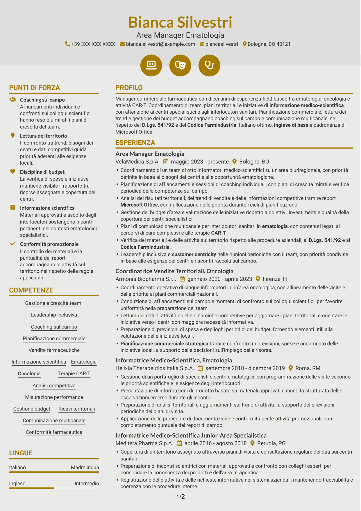 CV Dinamico (formato a due colonne con icone): Area Manager - Ematologia CAR-T, pagina 1