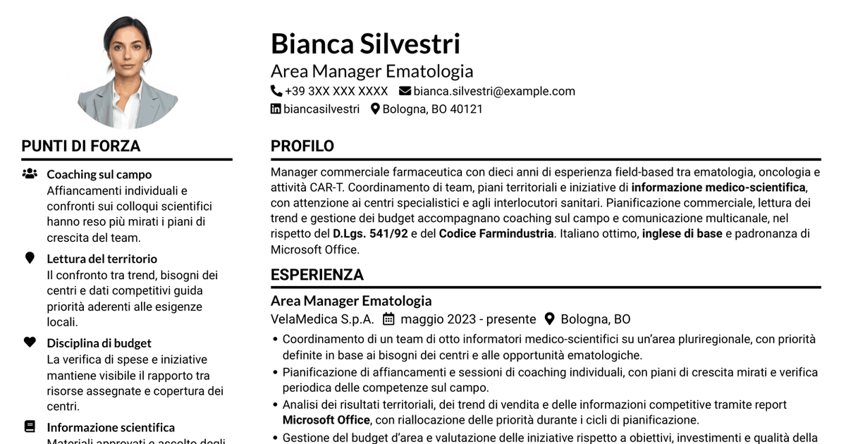7 modelli di CV per Area Manager - Ematologia CAR-T, con esempi
