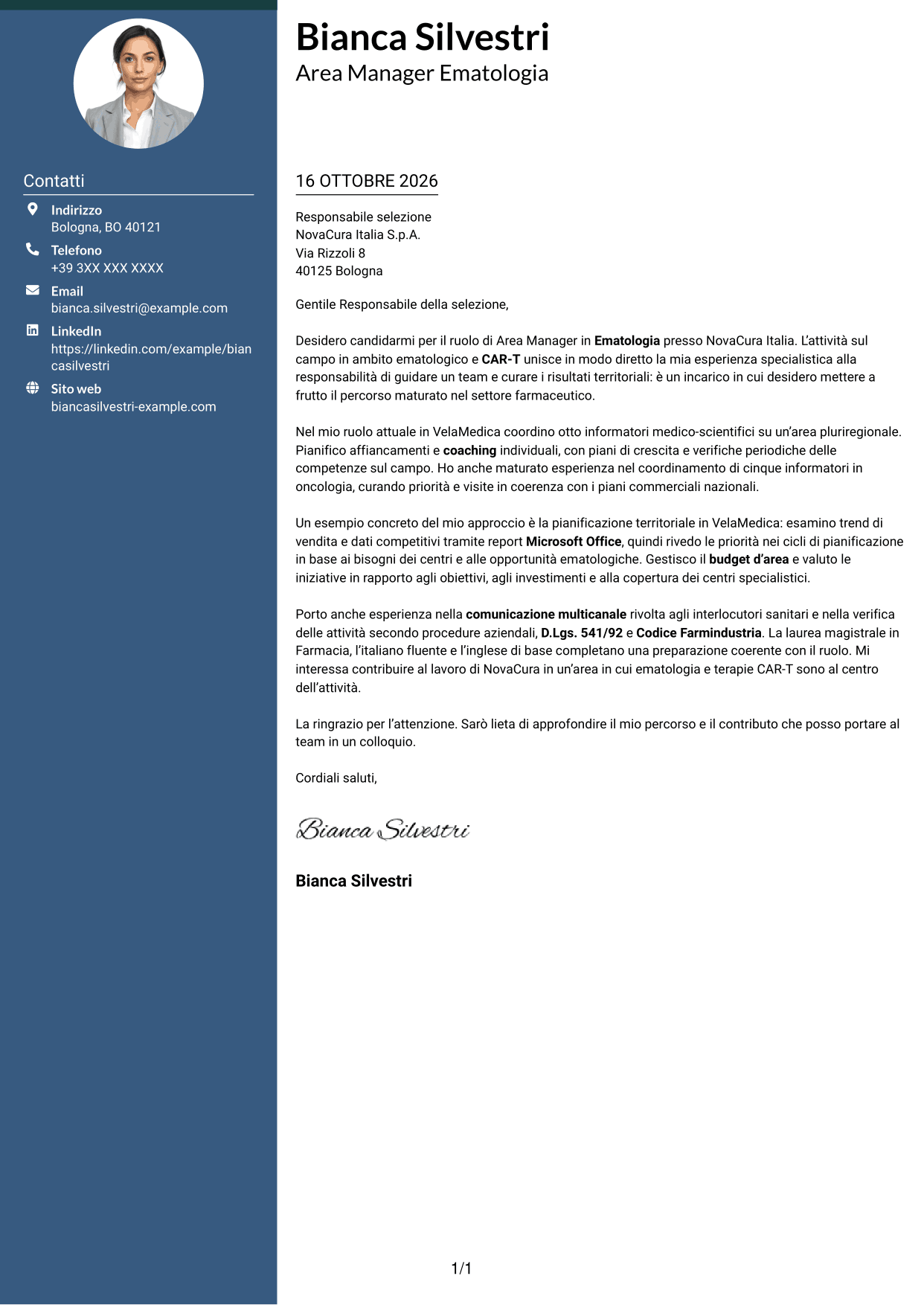 Lettera di presentazione Elegante (formato con colonna laterale colorata e foto): Area Manager - Ematologia CAR-T, pagina 1