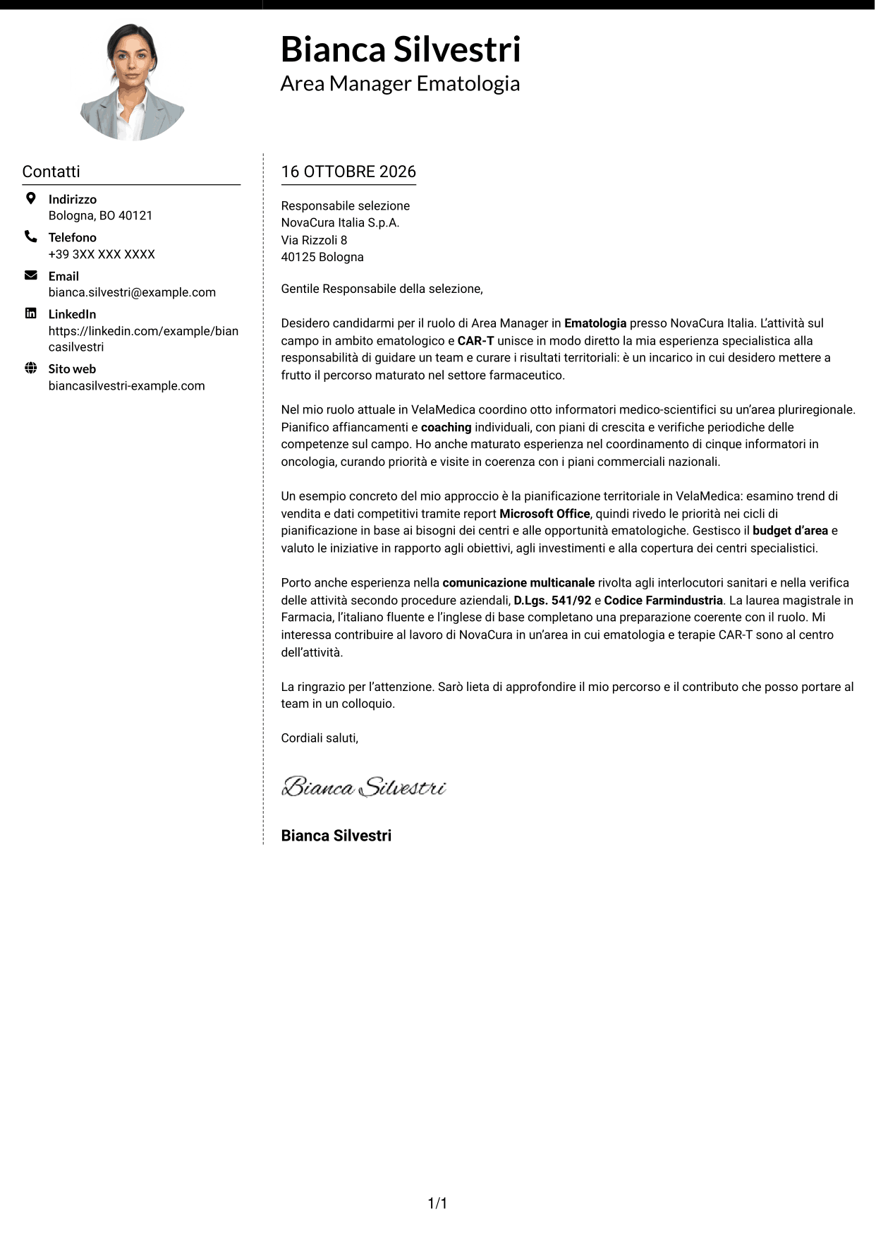 Lettera di presentazione Moderno (formato a due colonne con foto a sinistra e separatore): Area Manager - Ematologia CAR-T, pagina 1
