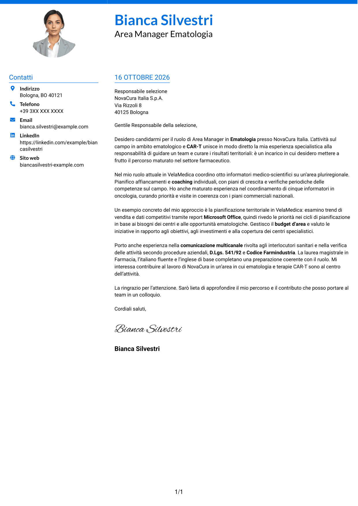 Lettera di presentazione Audace (formato a due colonne con accenti colorati e foto): Area Manager - Ematologia CAR-T, pagina 1