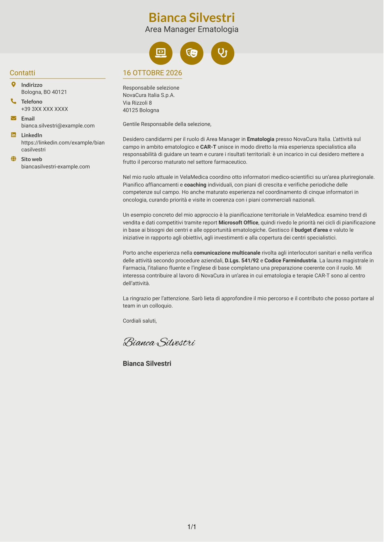 Lettera di presentazione Dinamico (formato a due colonne con icone): Area Manager - Ematologia CAR-T, pagina 1