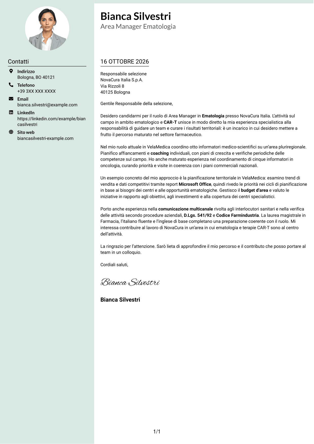 Lettera di presentazione Dirigente (formato con colonna laterale tenue e foto arrotondata): Area Manager - Ematologia CAR-T, pagina 1