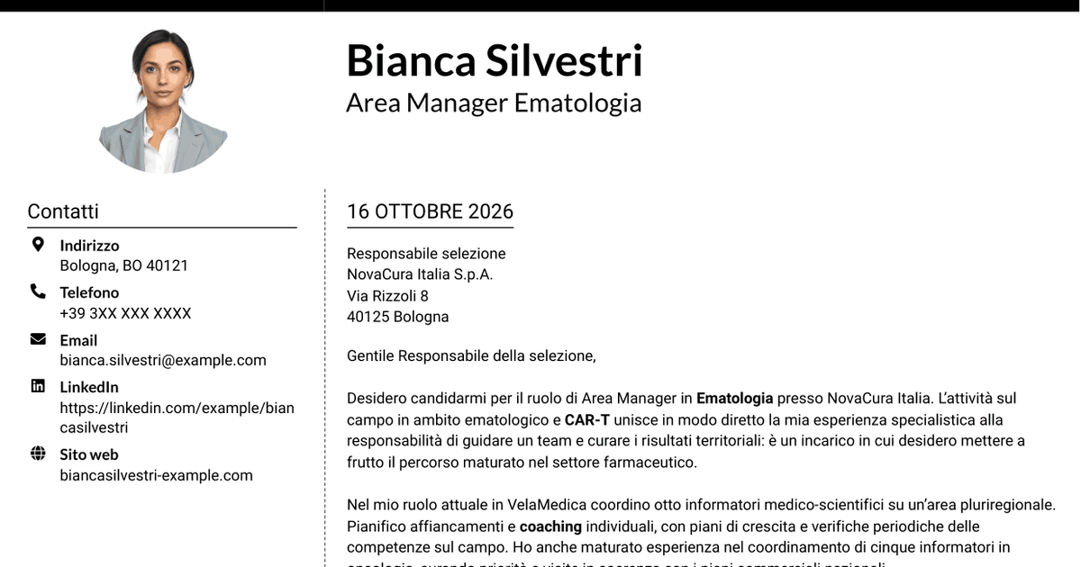 7 modelli di lettera di presentazione per Area Manager - Ematologia CAR-T, con esempi