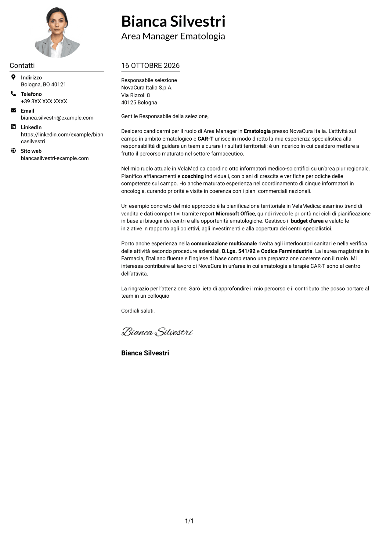 Esempio di lettera di presentazione — pagina 1